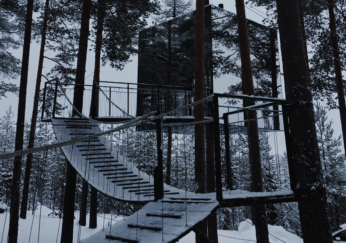 Modern black elevated treehouse in snowy pine forest accessed by wooden suspension bridge with snow-covered planks