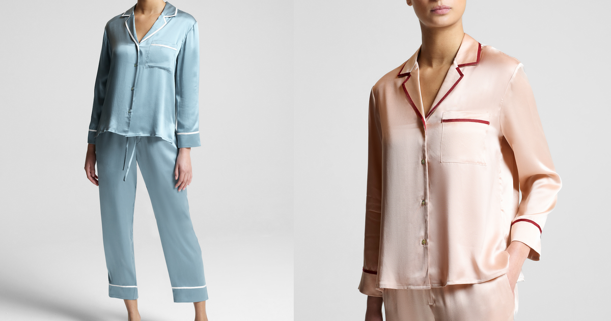 Two satin pyjama sets in soft pastels: light blue with white piping shown full-length, and pale pink with dark red piping shown close-up
