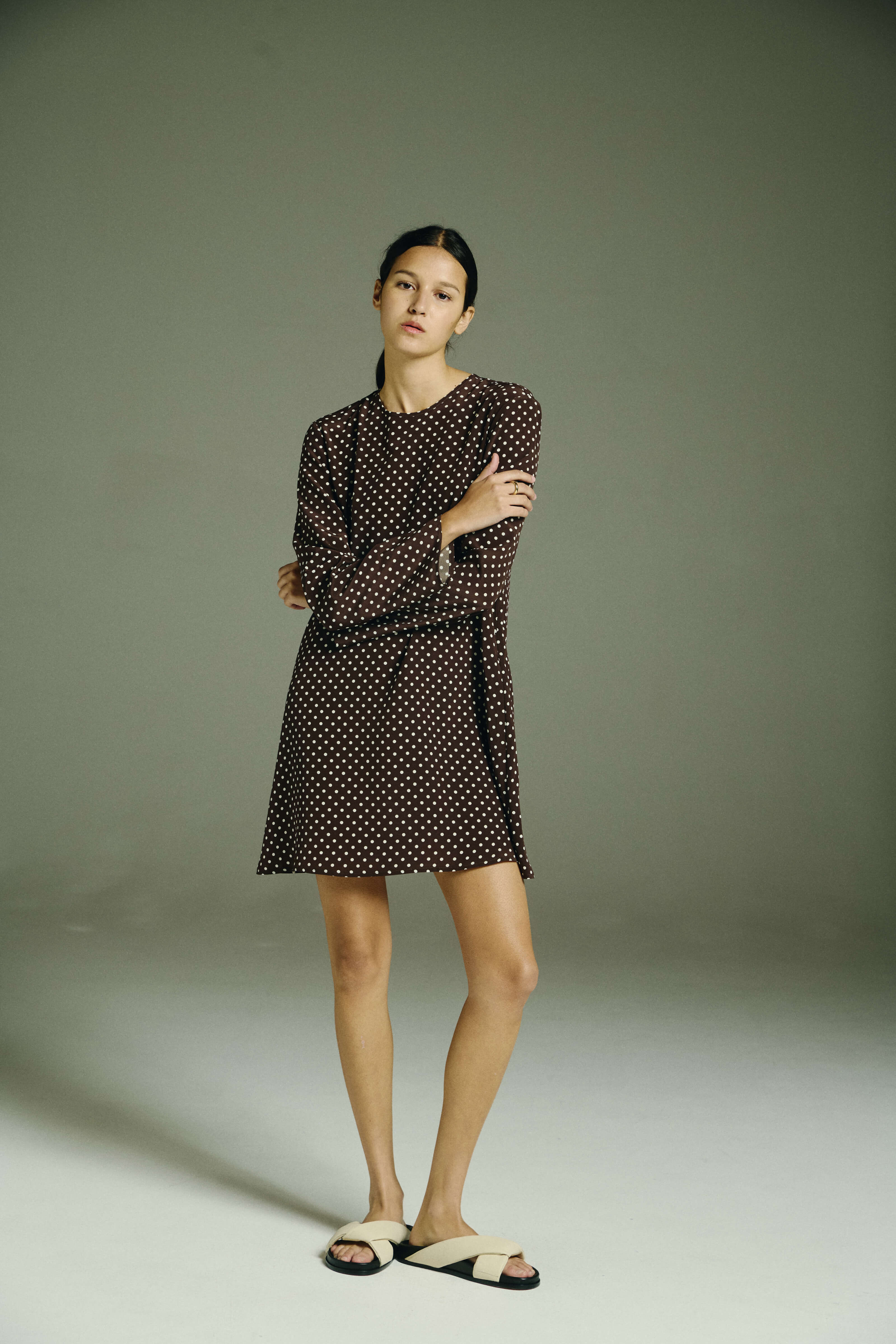 Larissa Dress Umber Brown Dot Silk Crepe