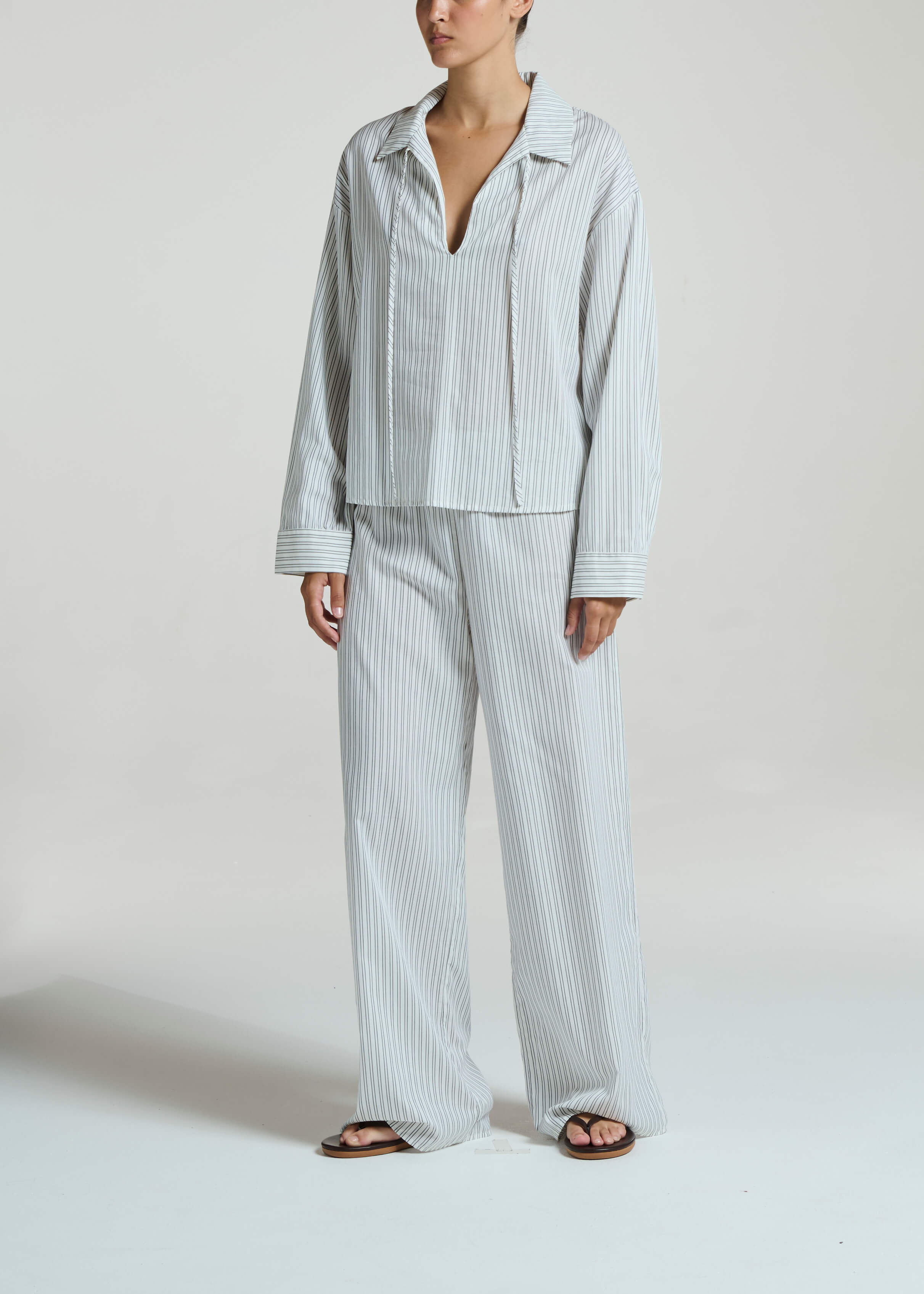 Santiago Top White Charcoal Stripe Cotton Viscose