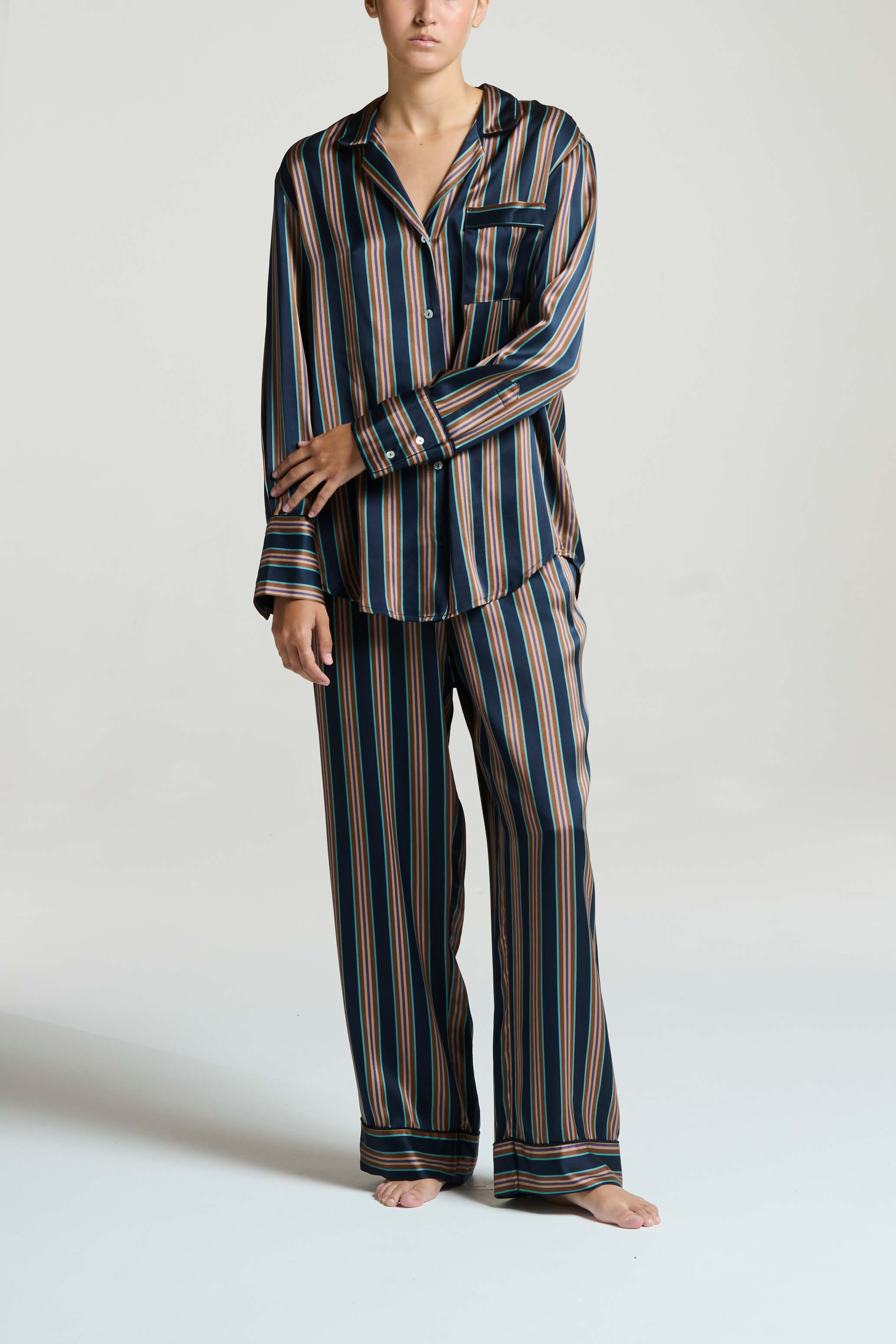 London Pyjama Bottom Brunette Navy Stripe Silk Charmeuse