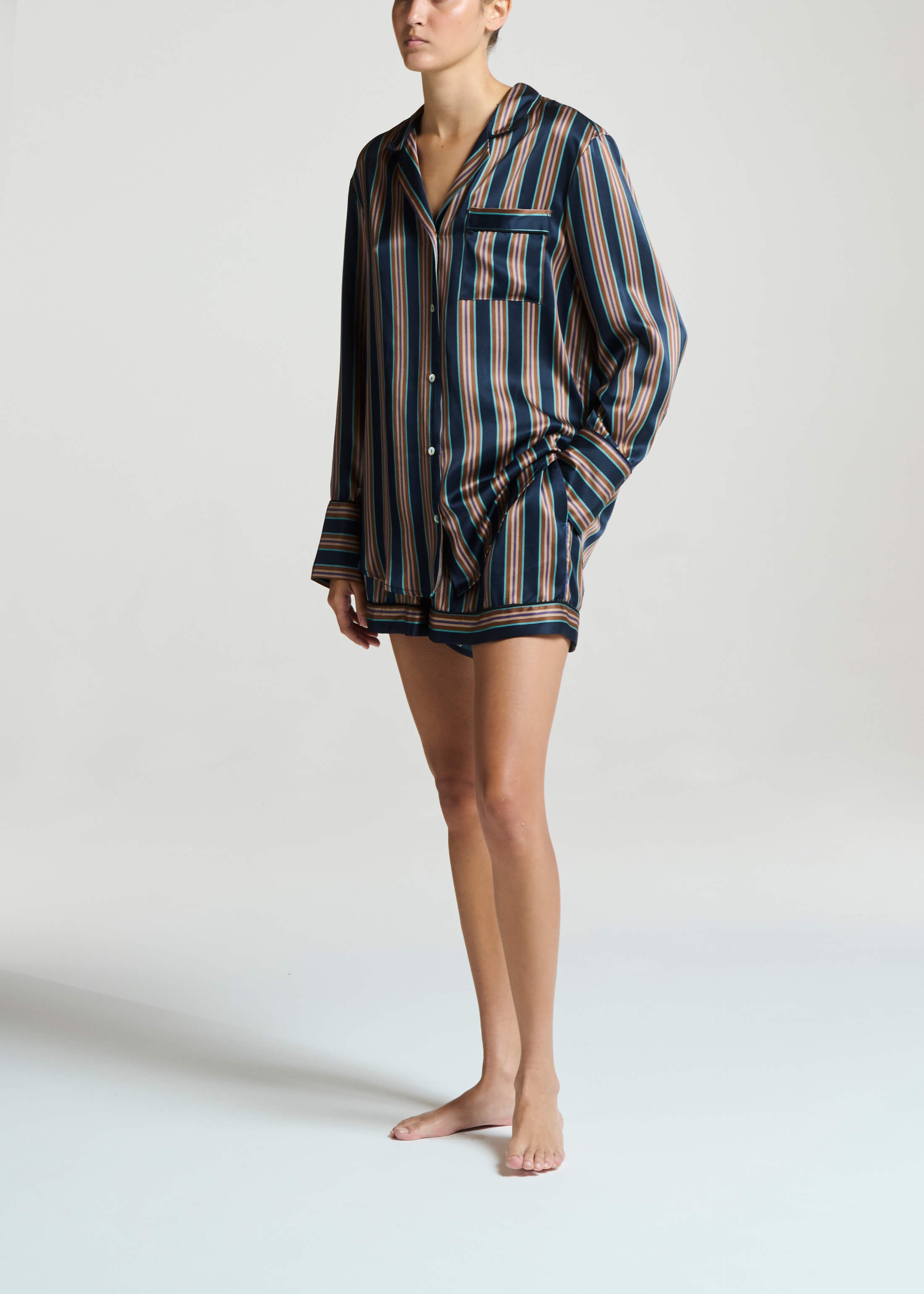 London Pyjama Short Brunette Navy Stripe Silk Charmeuse