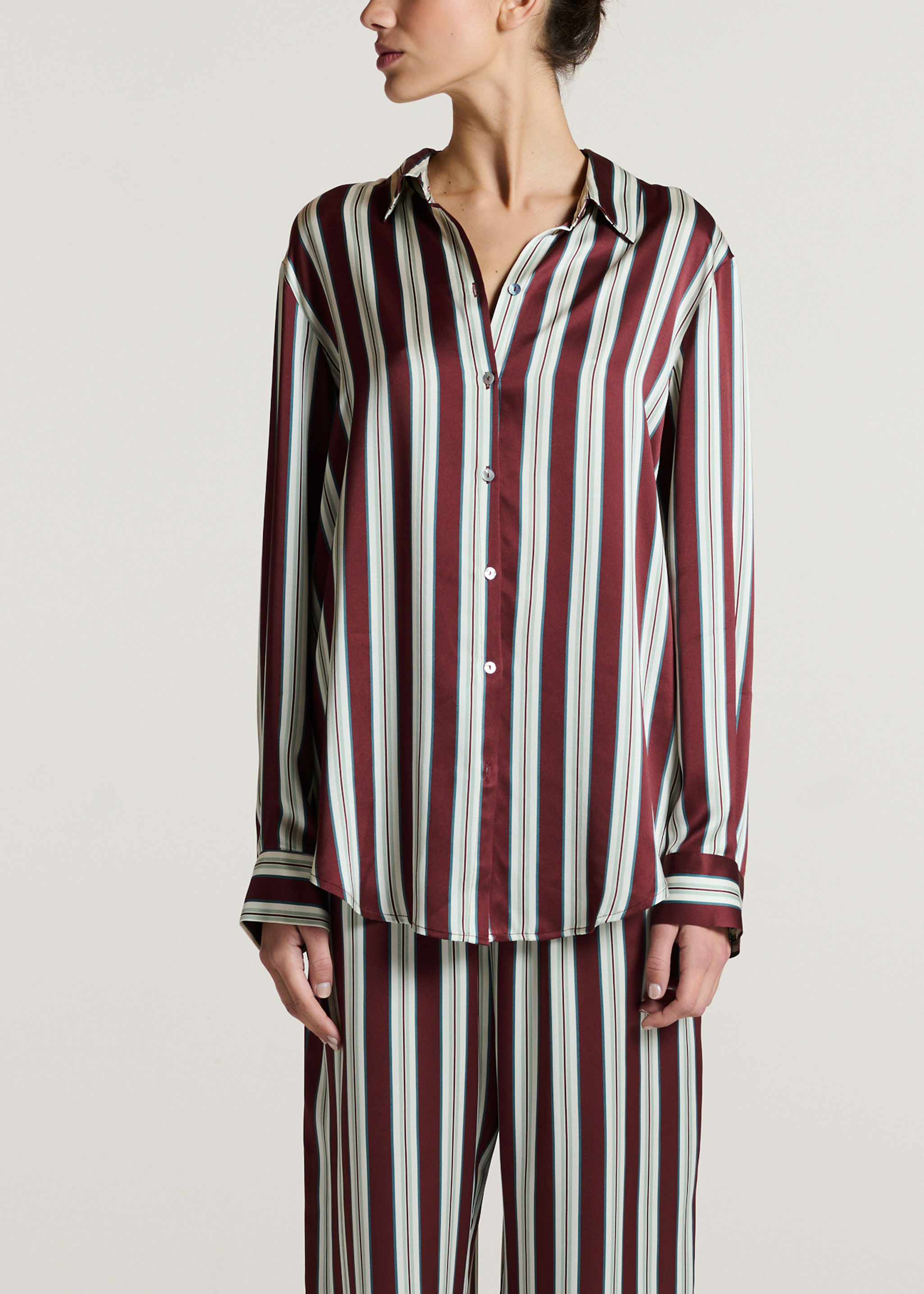London Shirt Maroon Stripe Silk Charmeuse