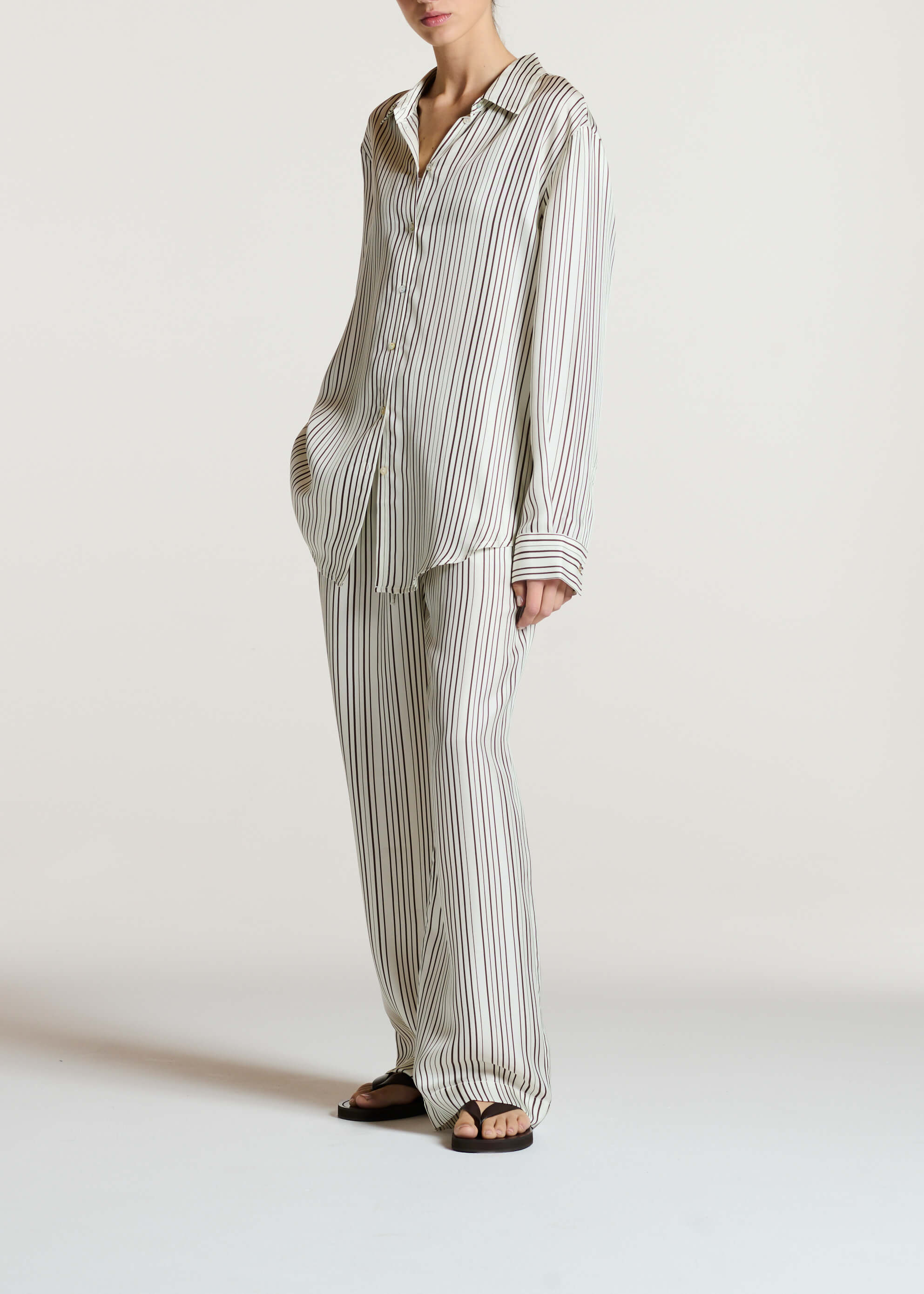 London Shirt Umber Brown Fine Stripe Silk Twill