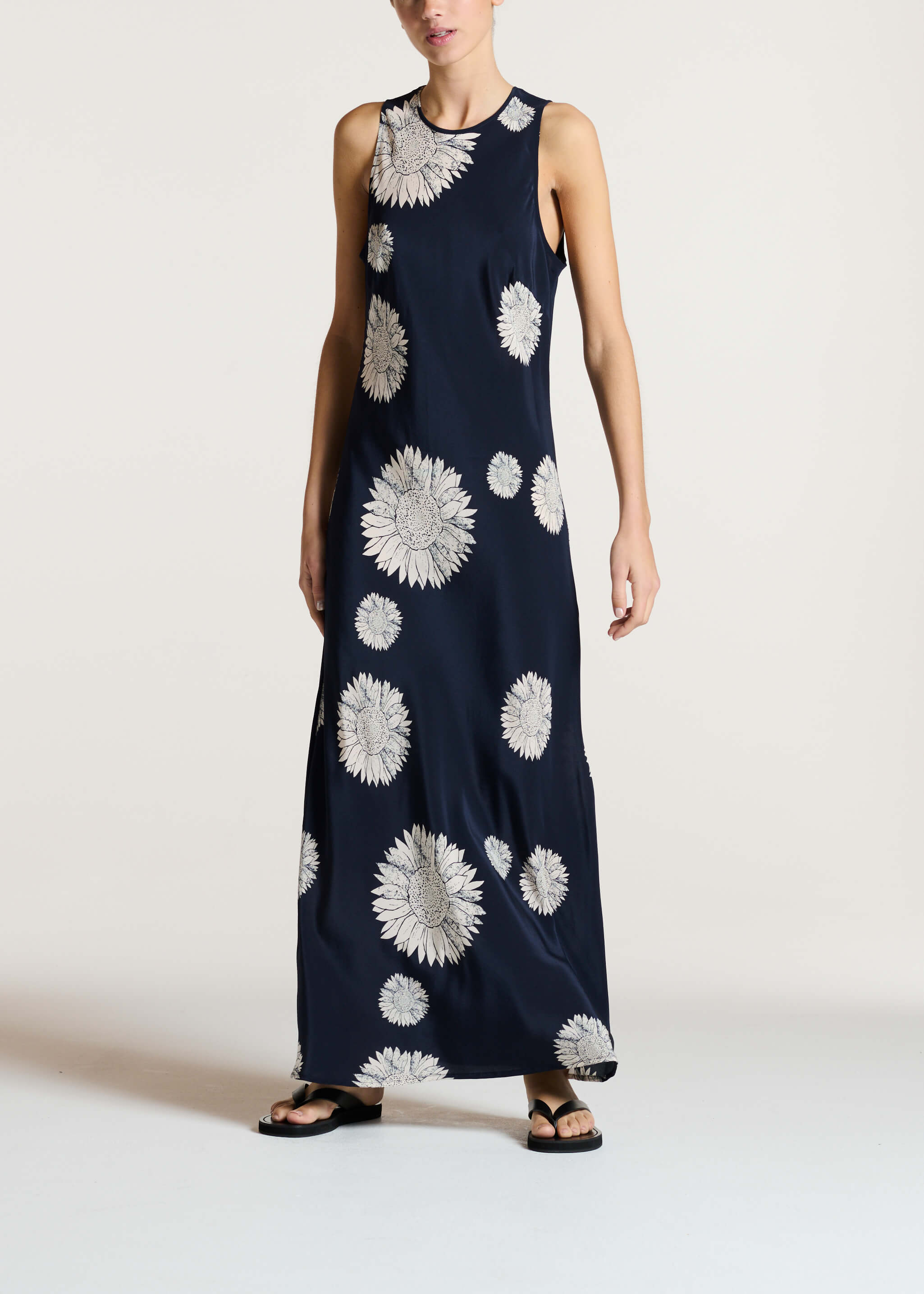 Valencia Dress Navy Sunflower Silk Crepe