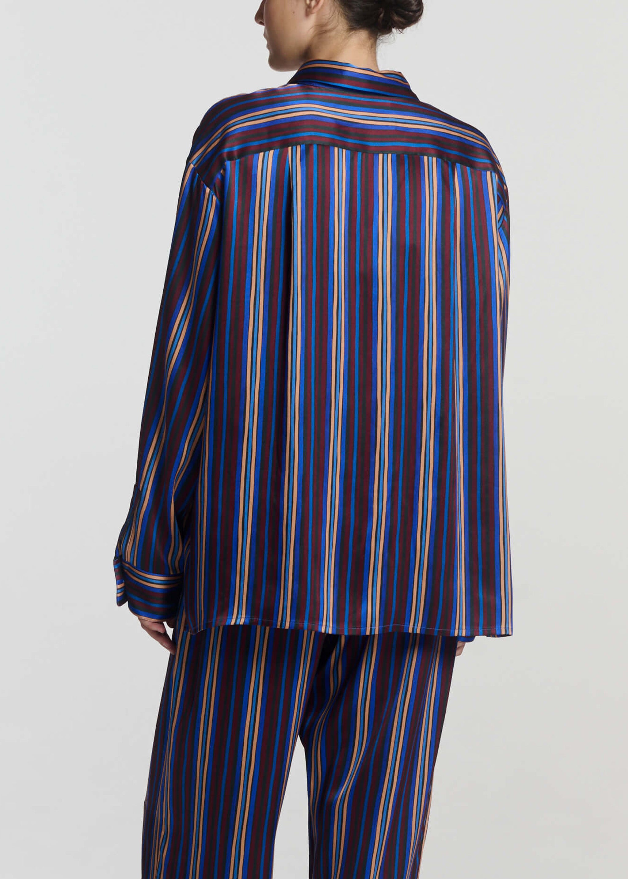 Maya Shirt Painted Stripe Blue Silk Charmeuse