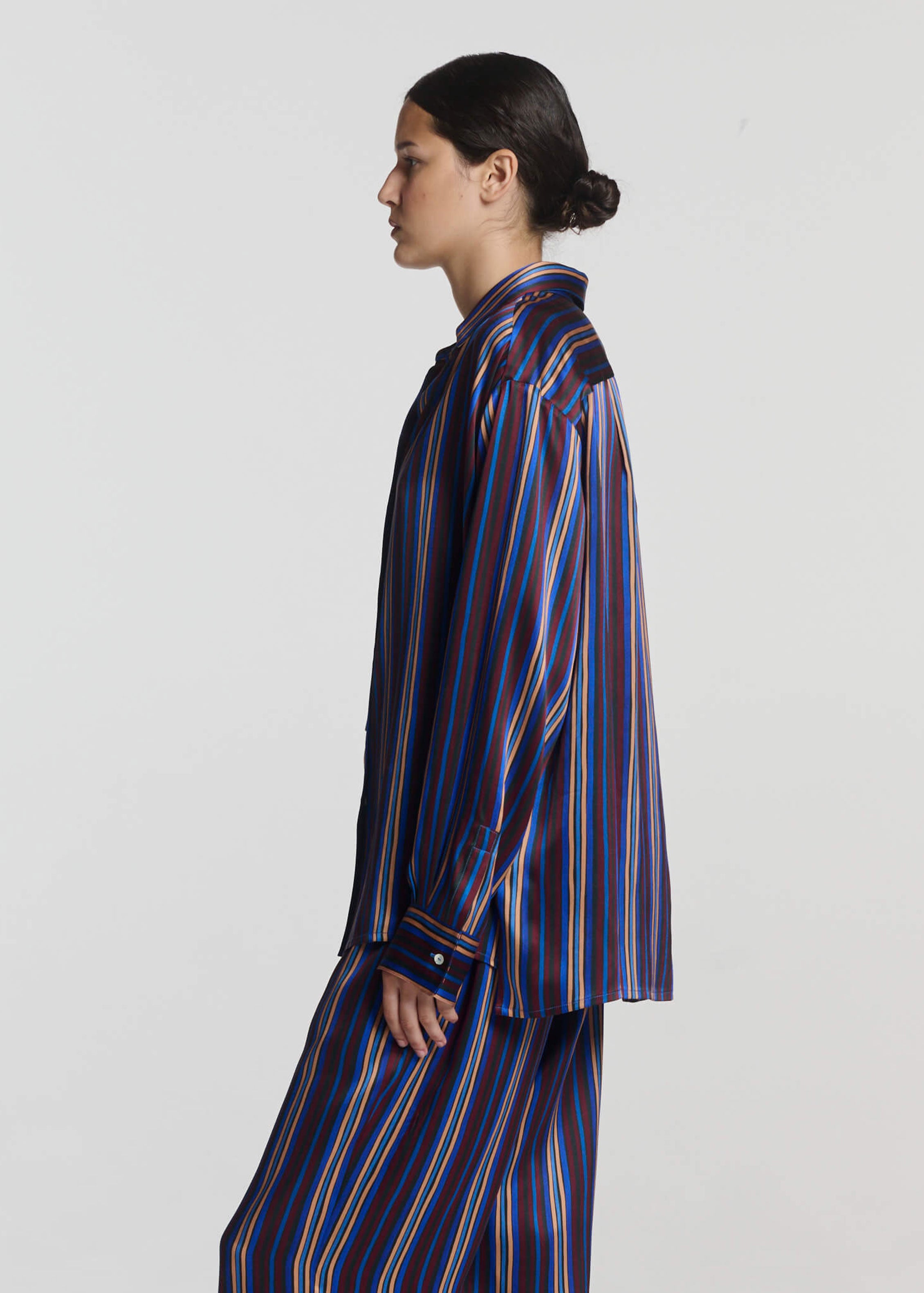 Maya Shirt Painted Stripe Blue Silk Charmeuse
