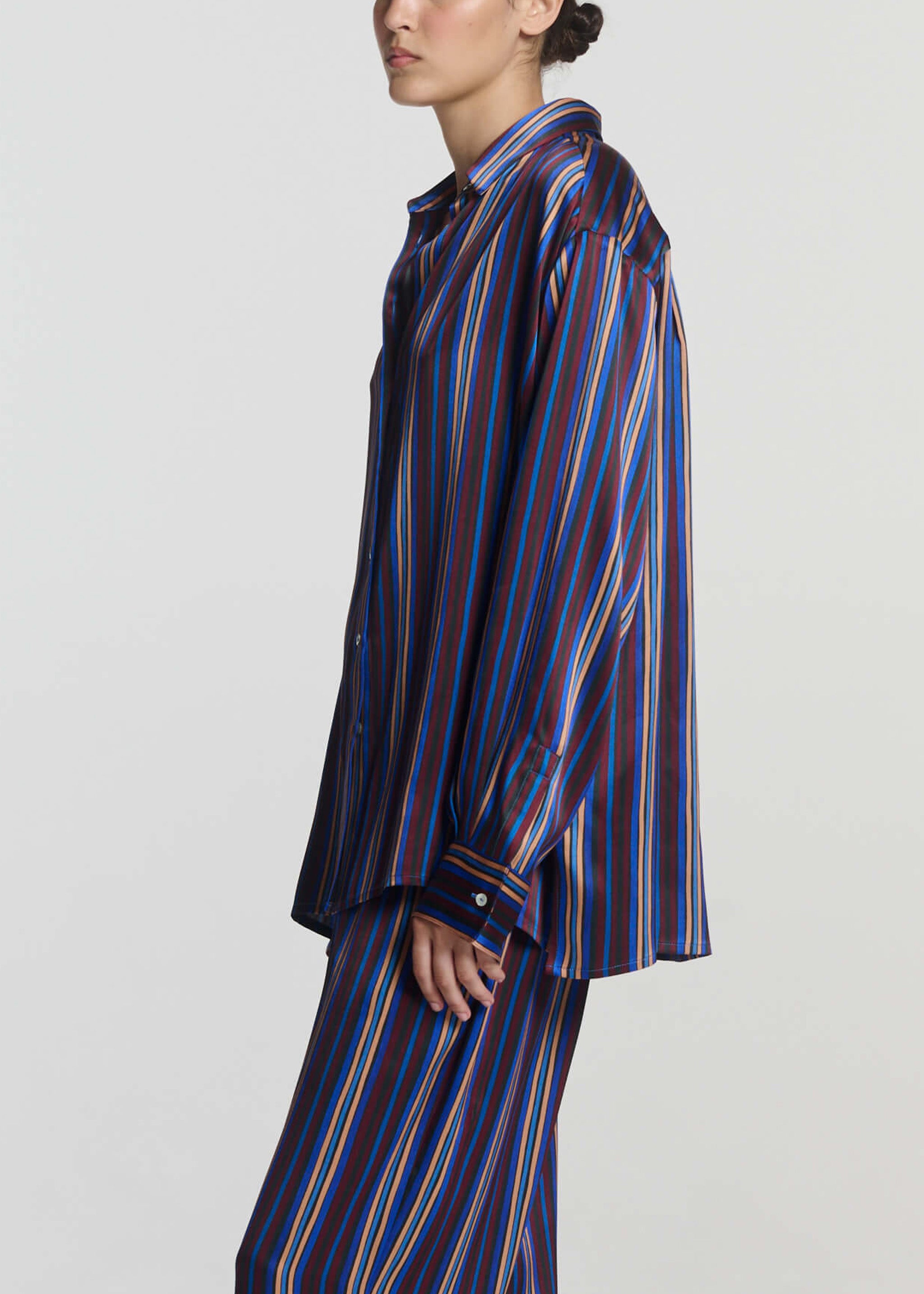 Maya Shirt Painted Stripe Blue Silk Charmeuse