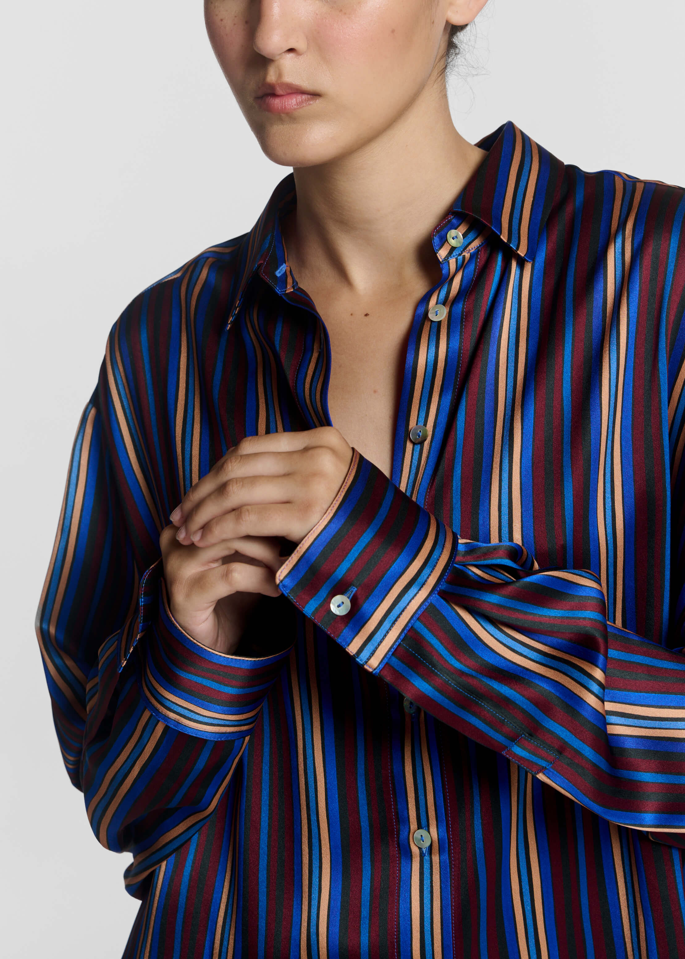 Maya Shirt Painted Stripe Blue Silk Charmeuse