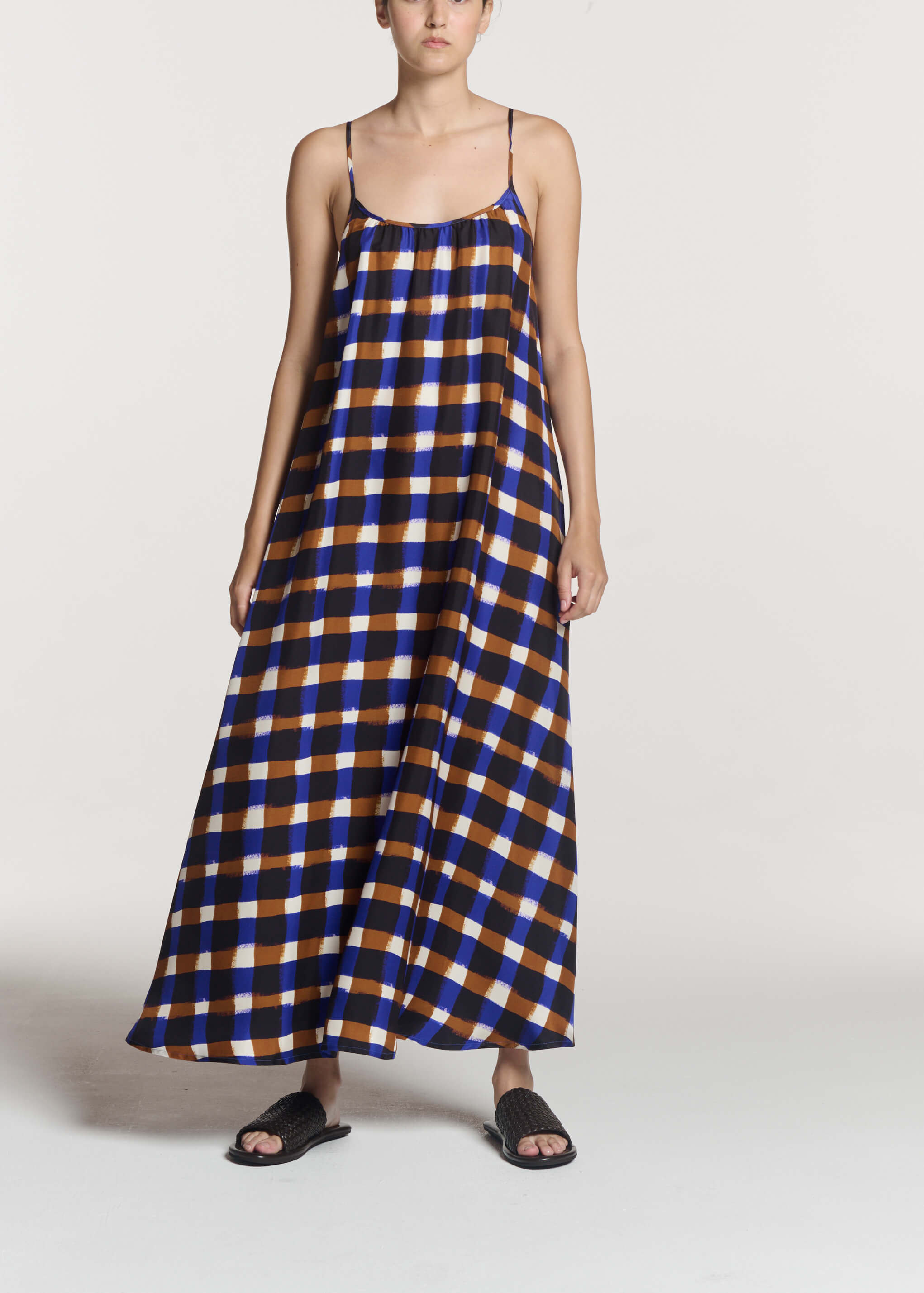 Napoli Dress Painted Check Bronze Silk Twill