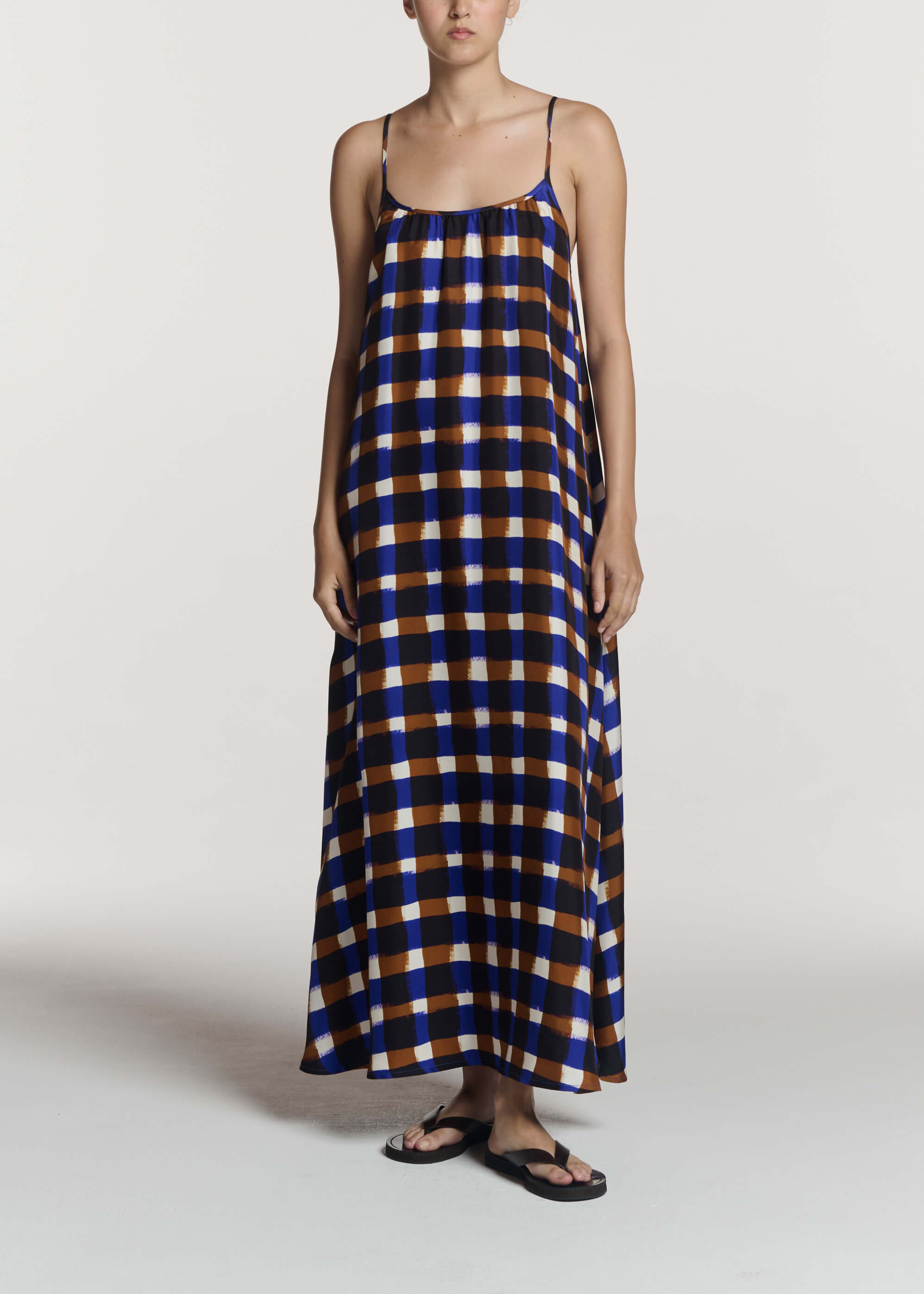Napoli Dress Painted Check Bronze Silk Twill