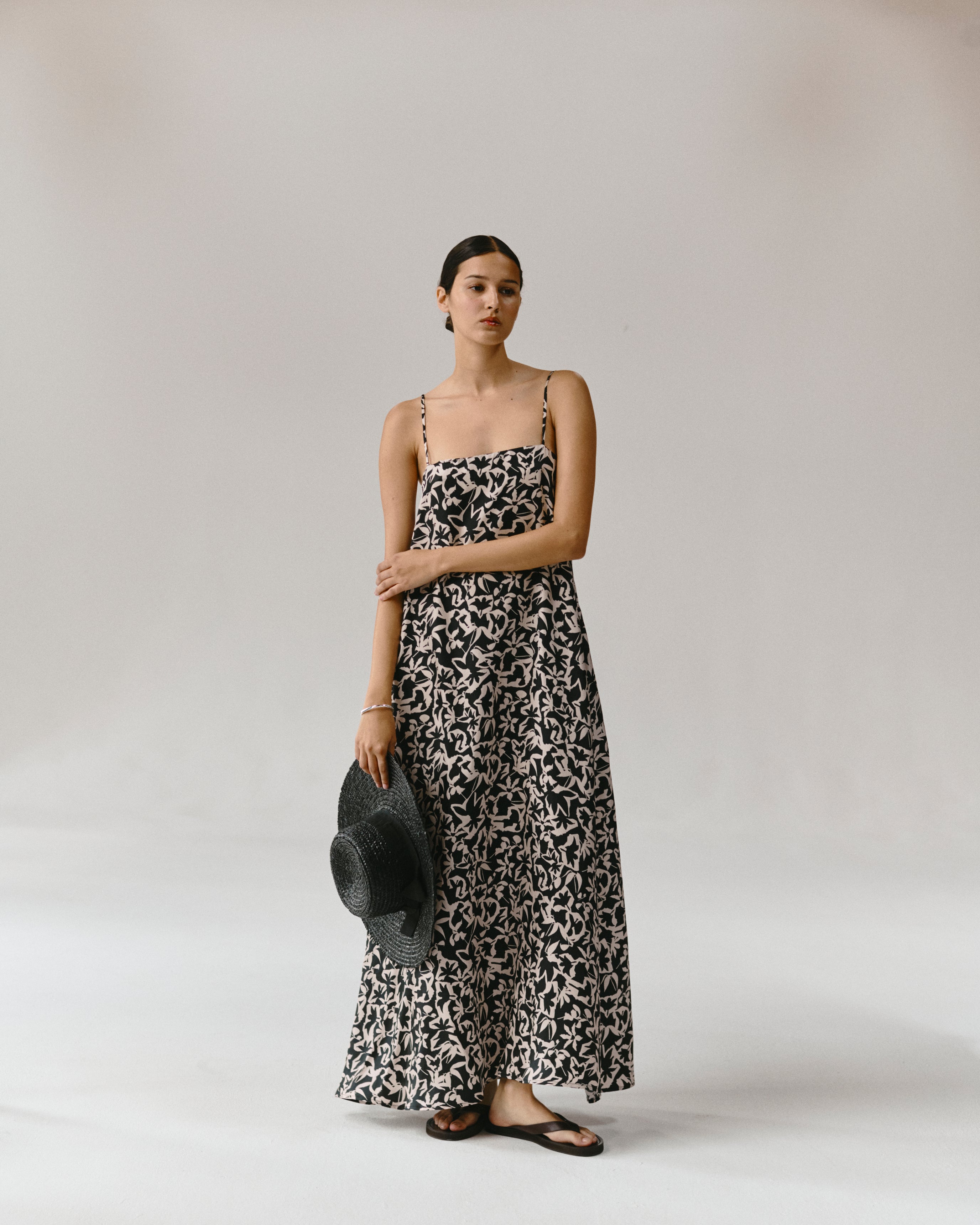 Melfi Dress Abstract Garden Black Silk Twill
