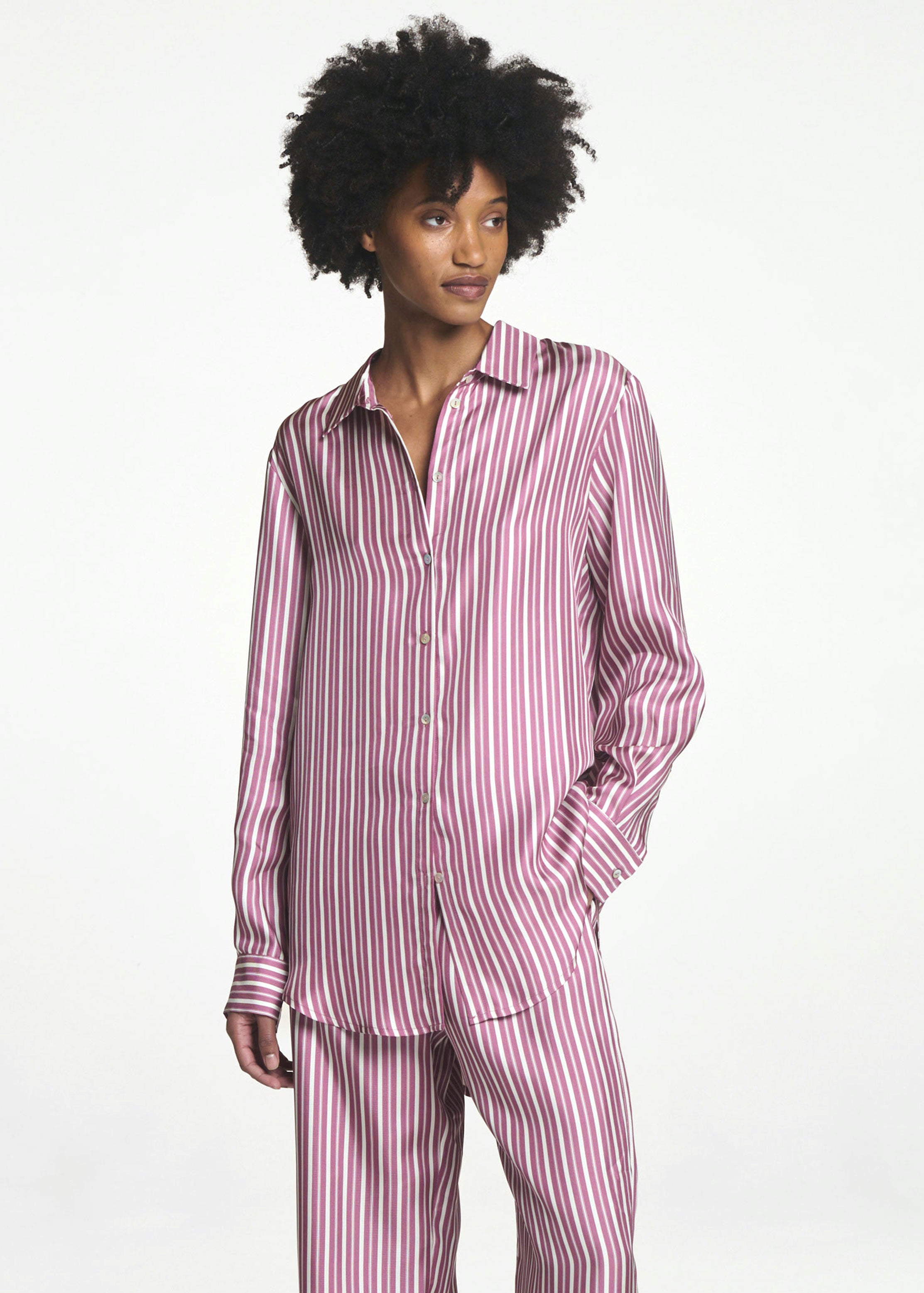 London Shirt Rose Pink Stripe Silk Twill