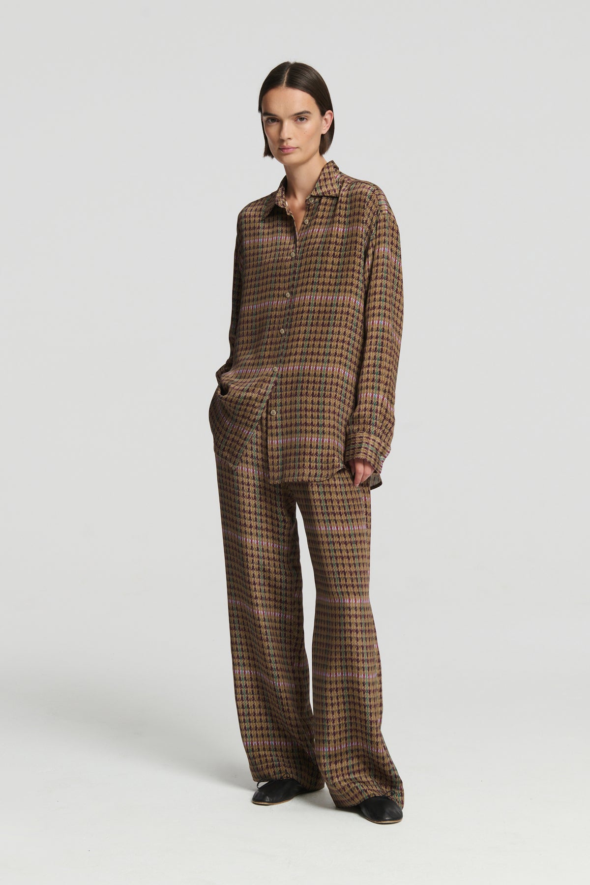 Aurelia Trouser Broken Check Bronze Heavy Silk Crepe