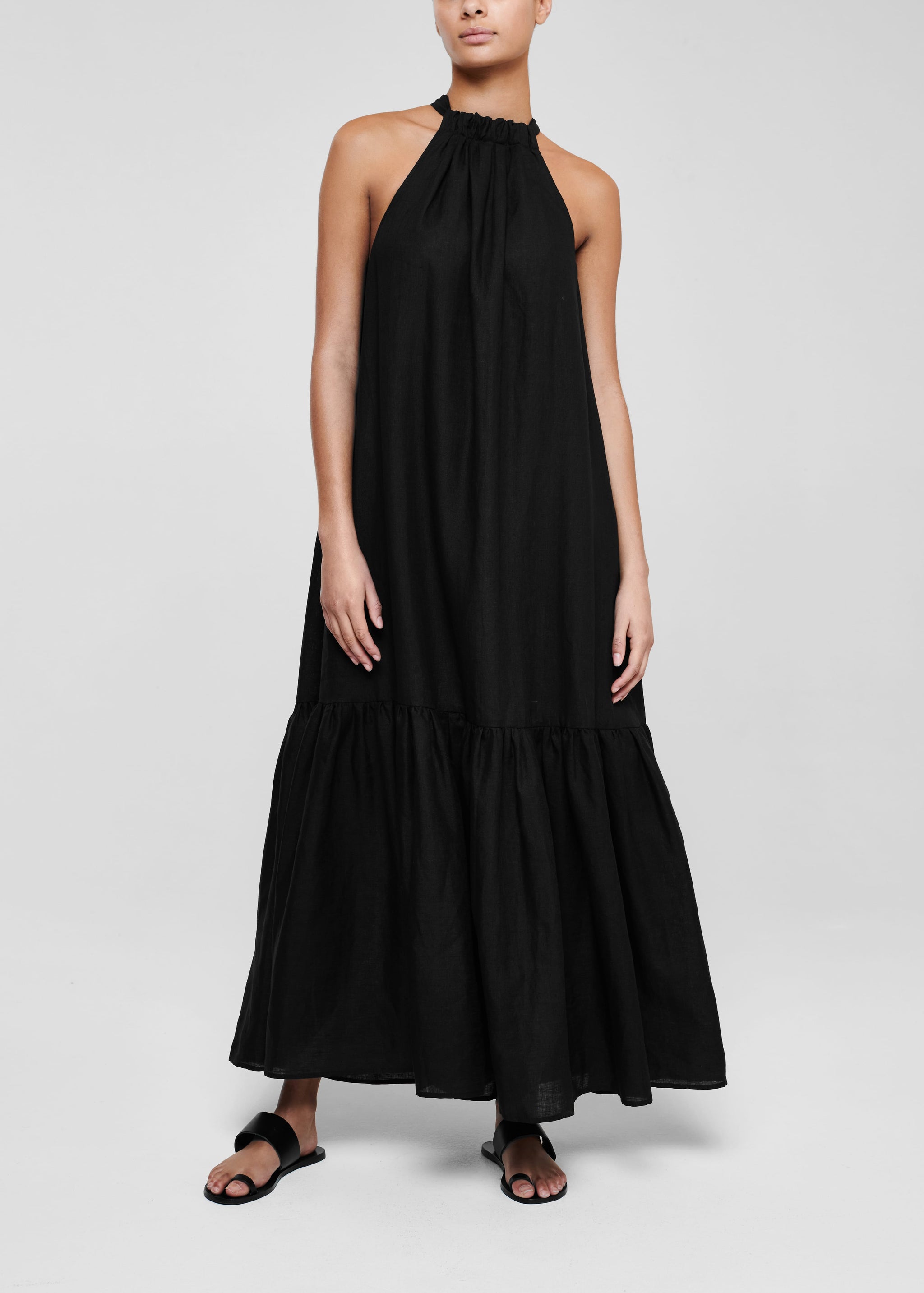 Asceno Womens Black Ibiza Halterneck Organic Linen Maxi Dress M