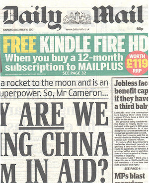 Daily Mail front page top banner advertising a free Kindle Fire HD with a 12-month MailPlus subscription