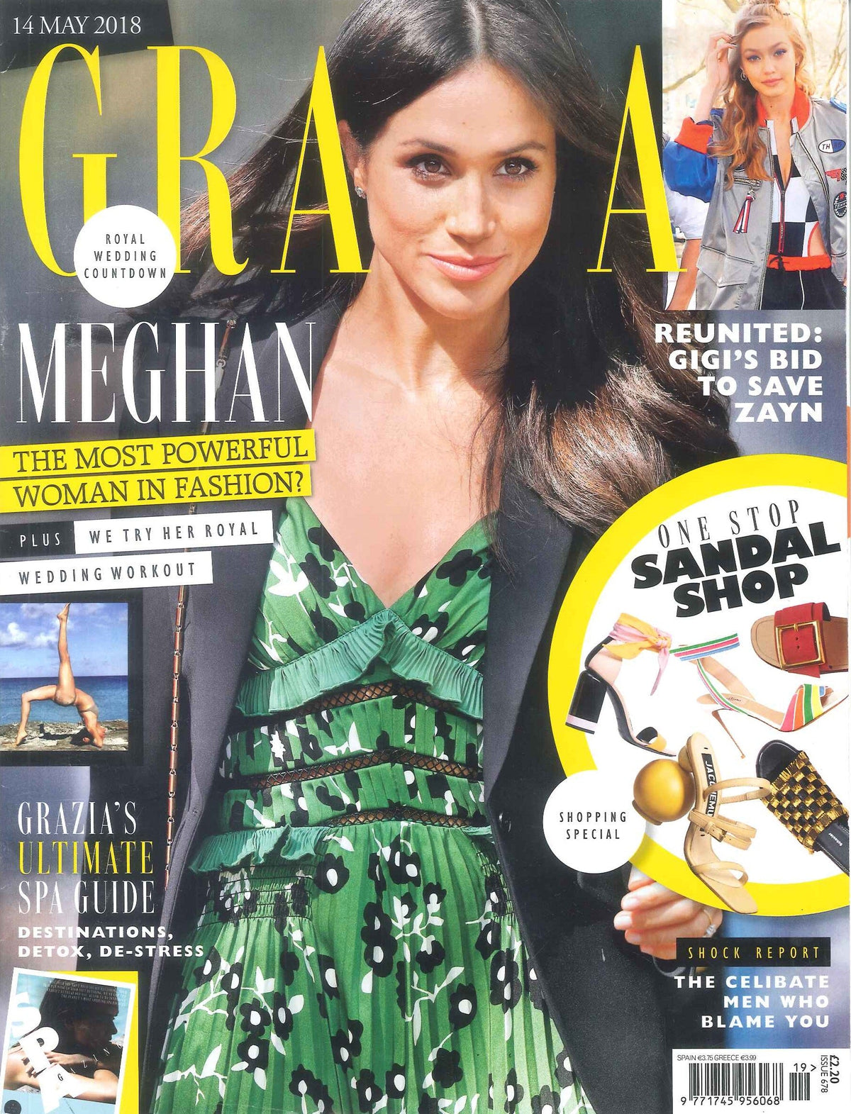 Magazine cover showing a woman in a green floral dress and black blazer, with insets of a woman in a colorful jacket and sandals
