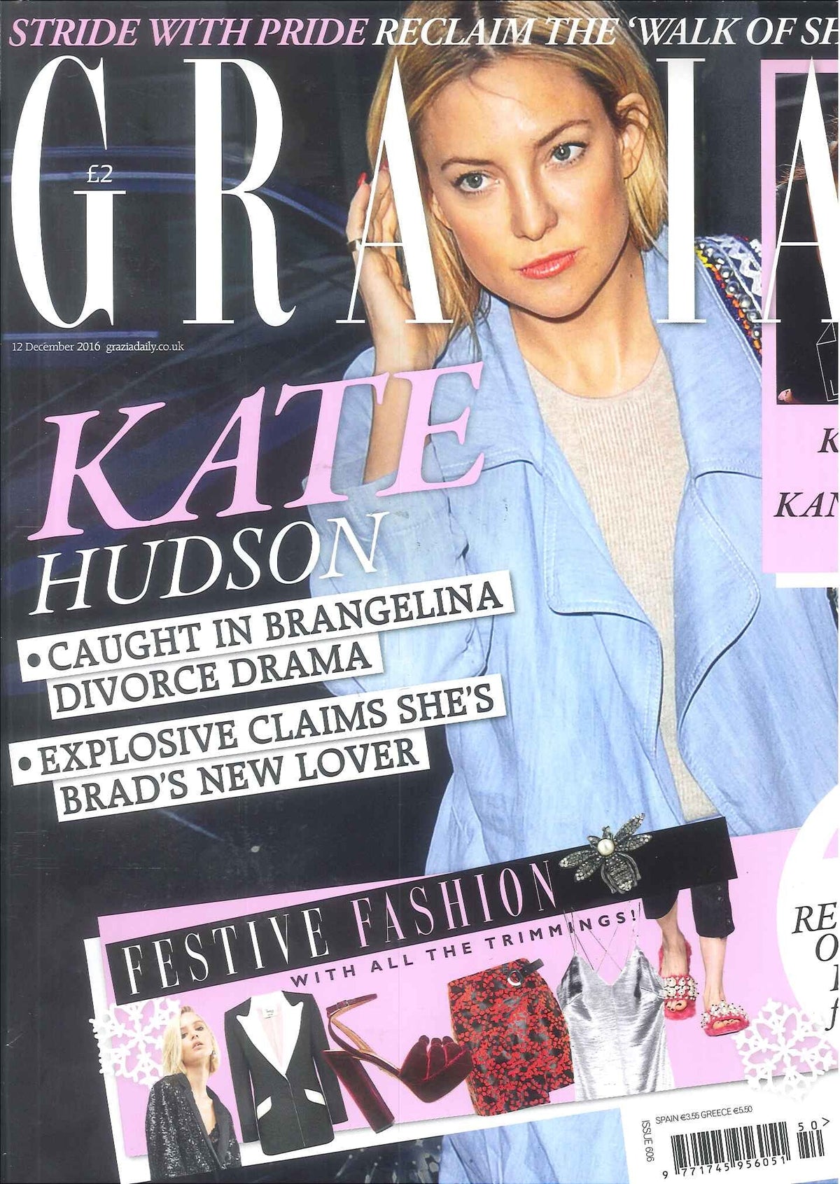 Blonde woman wears a pale blue jacket over a beige knit top against a dark background on a magazine cover