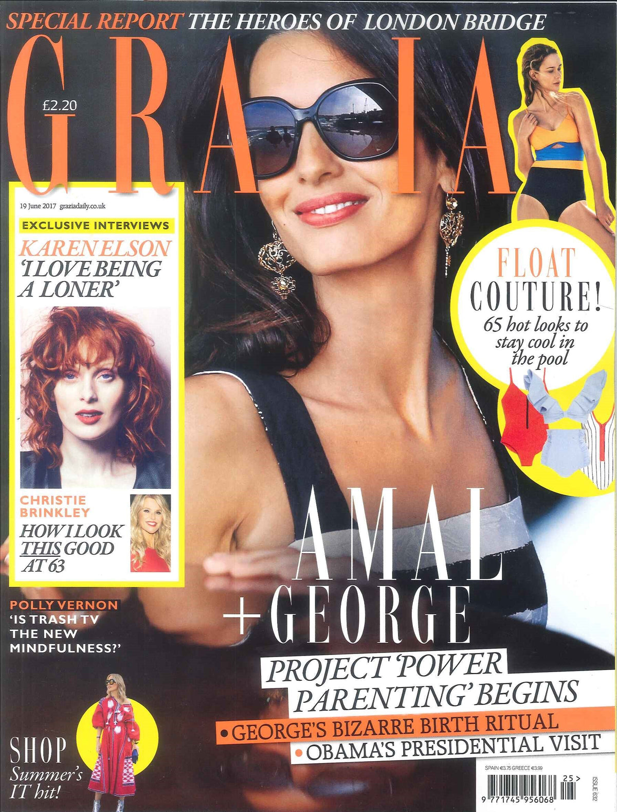 Woman in black and white dress with large black sunglasses reflecting a waterfront, gold earrings, and red lipstick on magazine cover