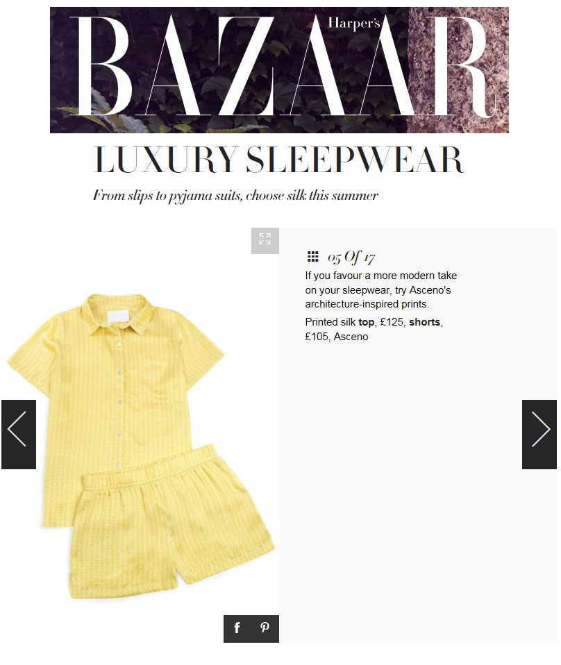 Yellow printed silk short-sleeve button-up top and matching shorts laid flat on white background