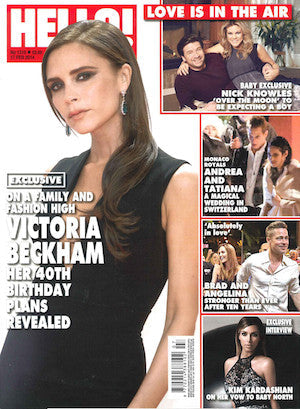 Victoria Beckham in a sleeveless black dress on a magazine cover with celebrity news headlines