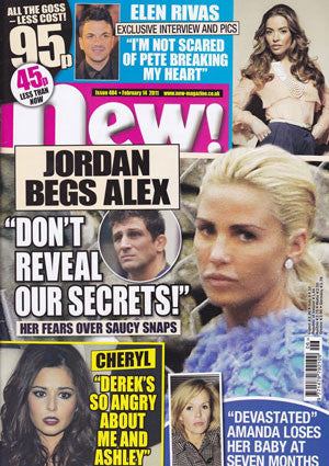 Magazine cover titled 'now!' featuring a blonde woman in a blue top and headline 'Jordan begs Alex Don't reveal our secrets!'