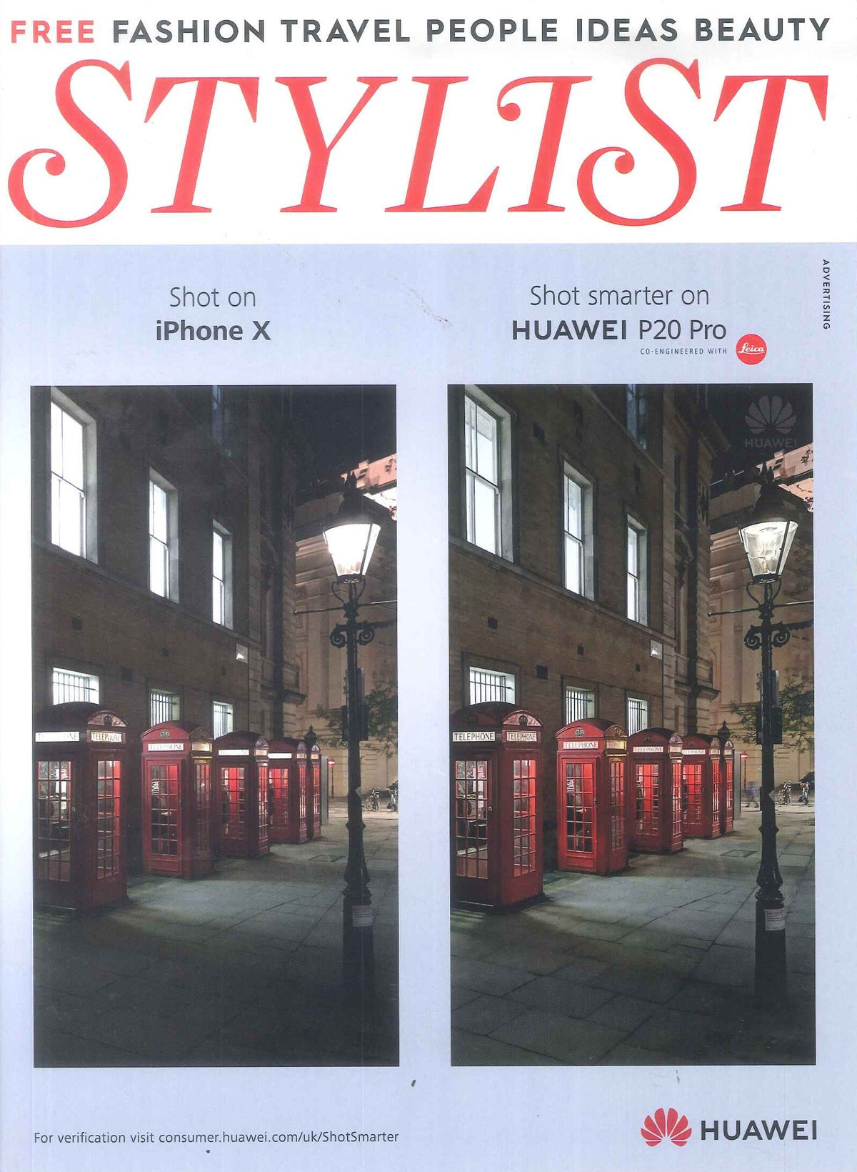 Two nighttime views of classic red British telephone boxes and a black street lamp, showing enhanced detail and colour on the right