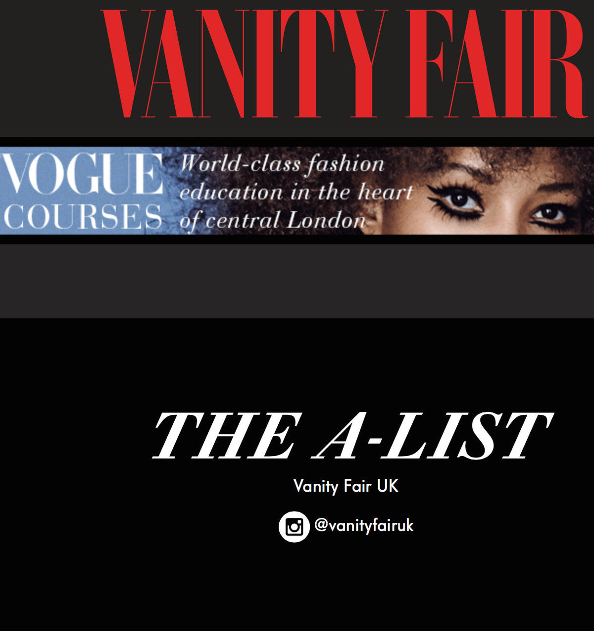 Vanity Fair logo in red above Vogue Courses banner with eyes and eyeliner and text The A-List Vanity Fair UK on black