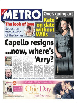 Front page of a Metro newspaper featuring headline about Capello's resignation and a photo of a woman in a gray dress waving
