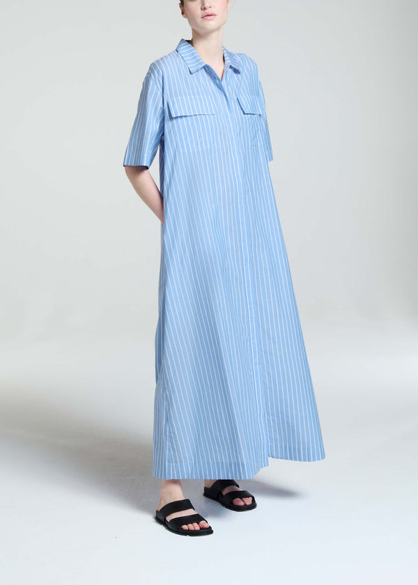 Amina Dress Blue & White Stripe Cotton Silk