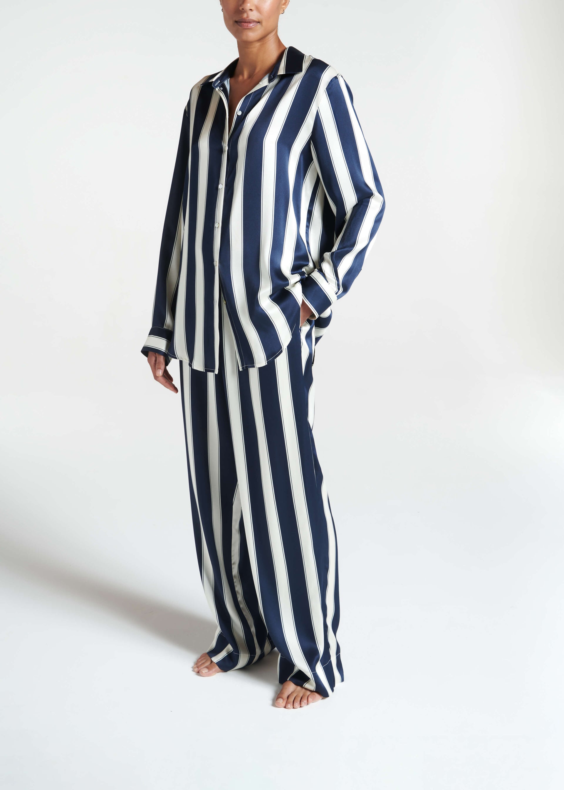 London Pyjama Top Midnight Bold Stripe Silk Charmeuse