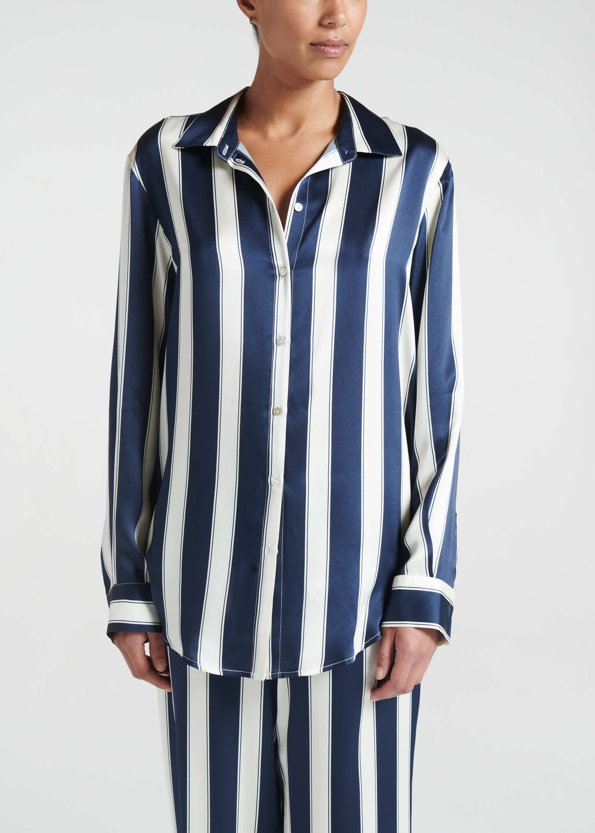 London Pyjama Top Midnight Bold Stripe Silk Charmeuse