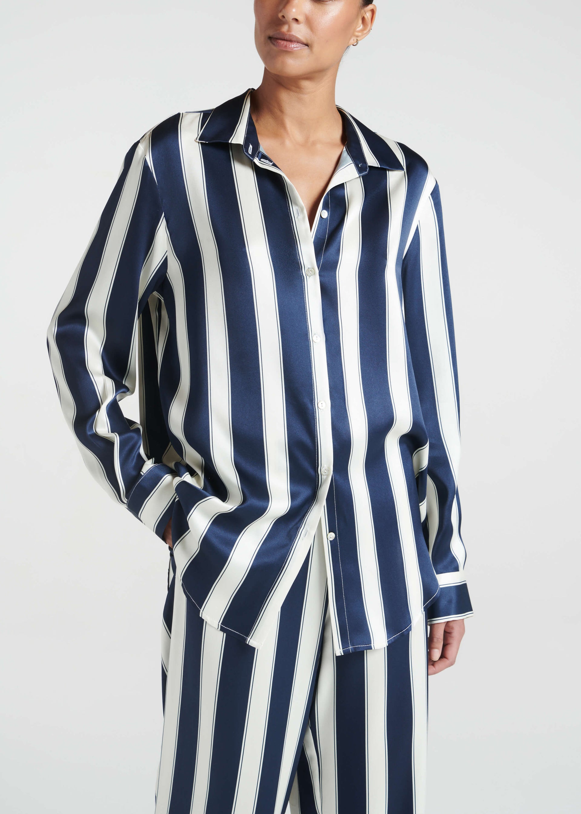 London Pyjama Top Midnight Bold Stripe Silk Charmeuse