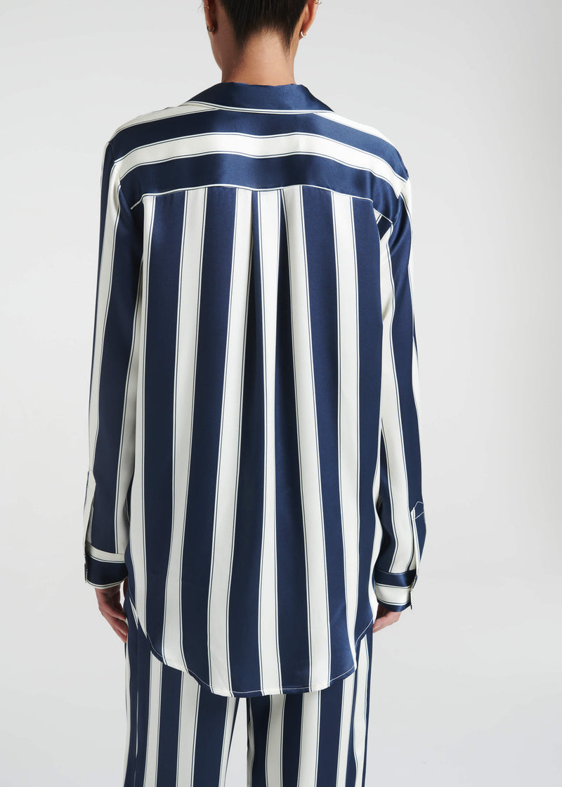 London Pyjama Top Midnight Bold Stripe Silk Charmeuse
