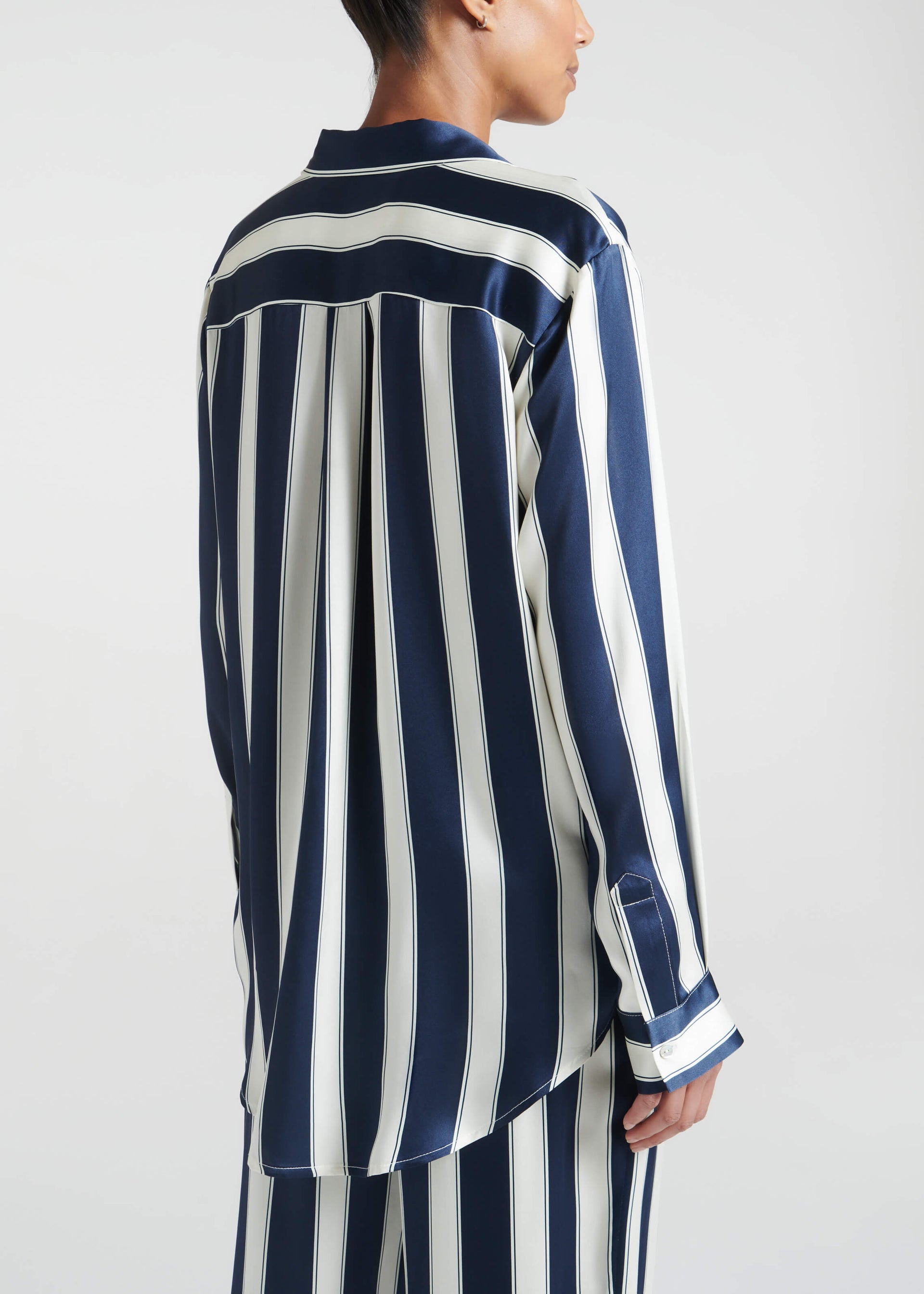 London Pyjama Top Midnight Bold Stripe Silk Charmeuse