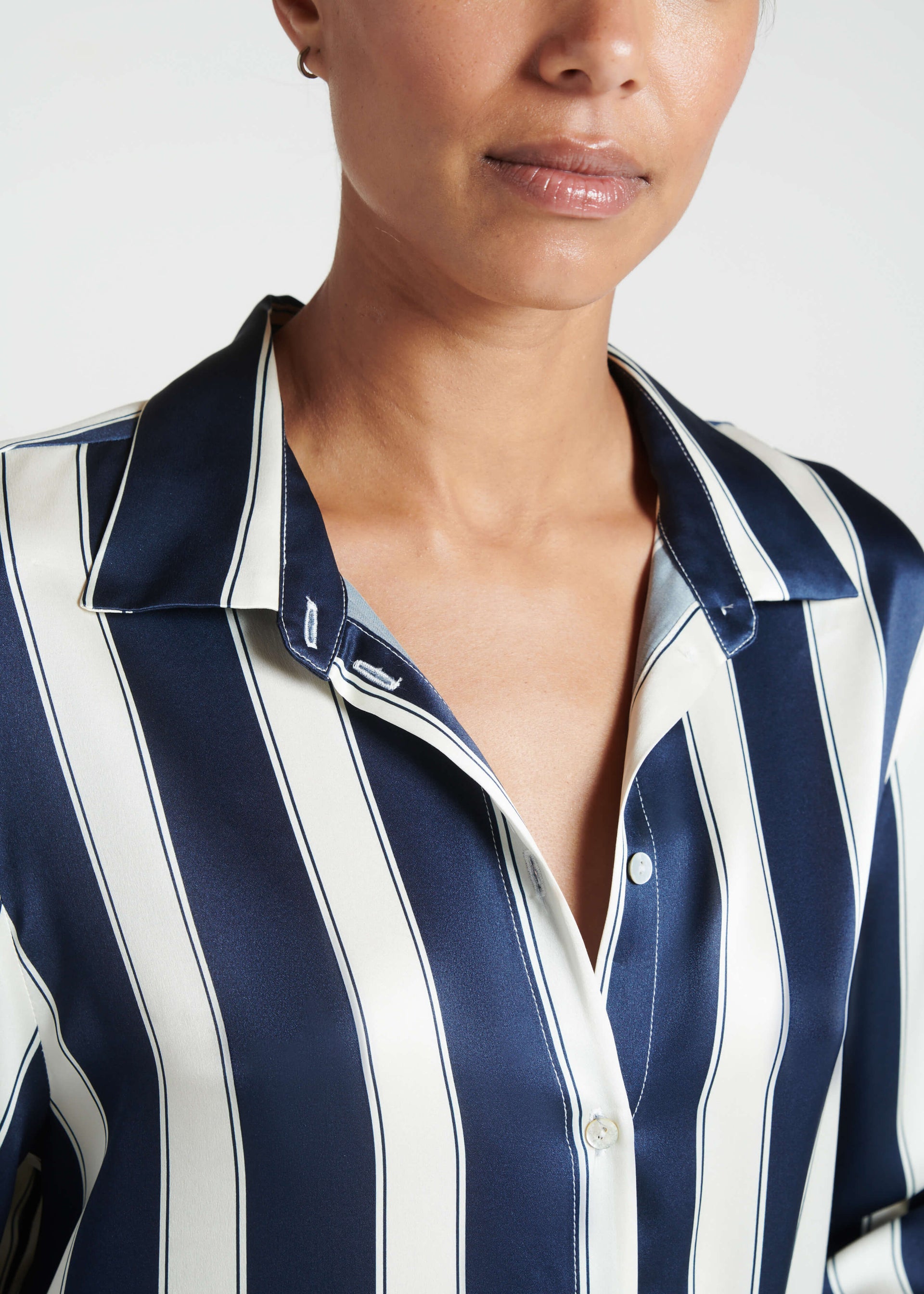 London Pyjama Top Midnight Bold Stripe Silk Charmeuse
