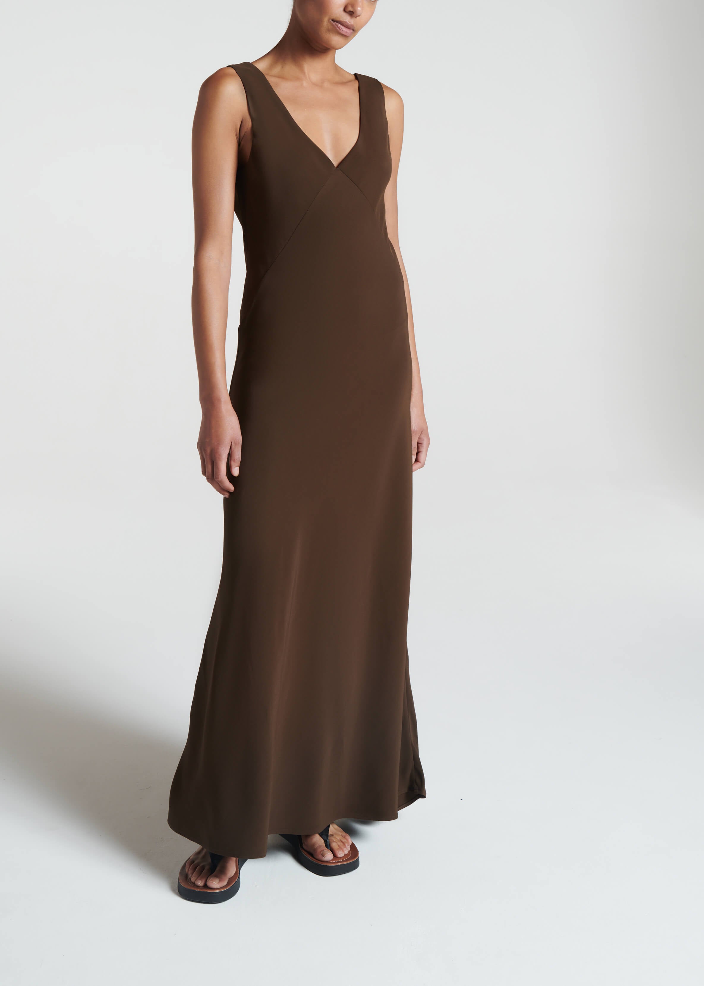 Bordeaux Coffee Viscose Crepe Long Dress
