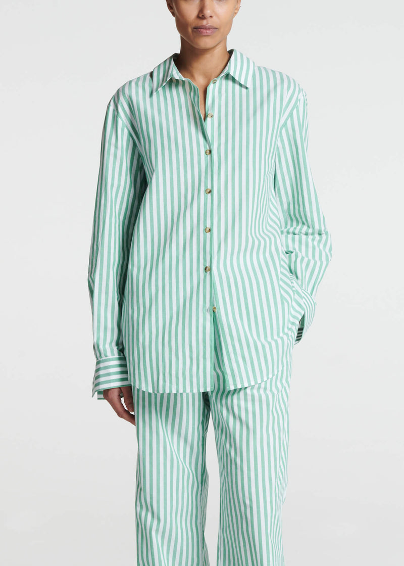 London Pyjama Top Green Stripe Cotton