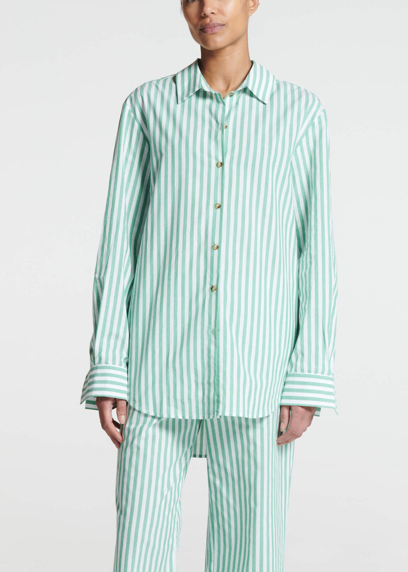 London Pyjama Top Green Stripe Cotton