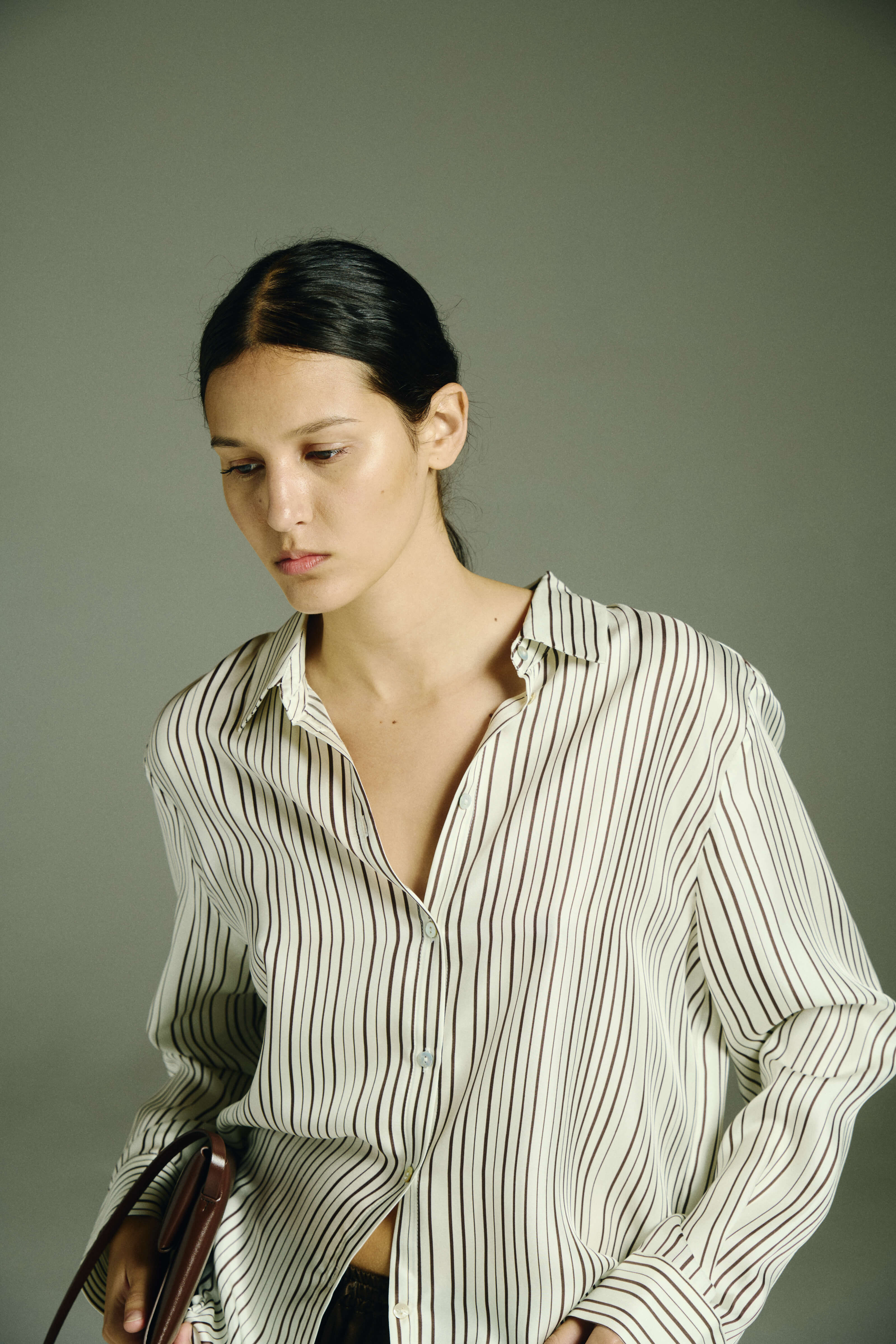 London Pyjama Shirt Umber Brown Fine Stripe Silk Twill