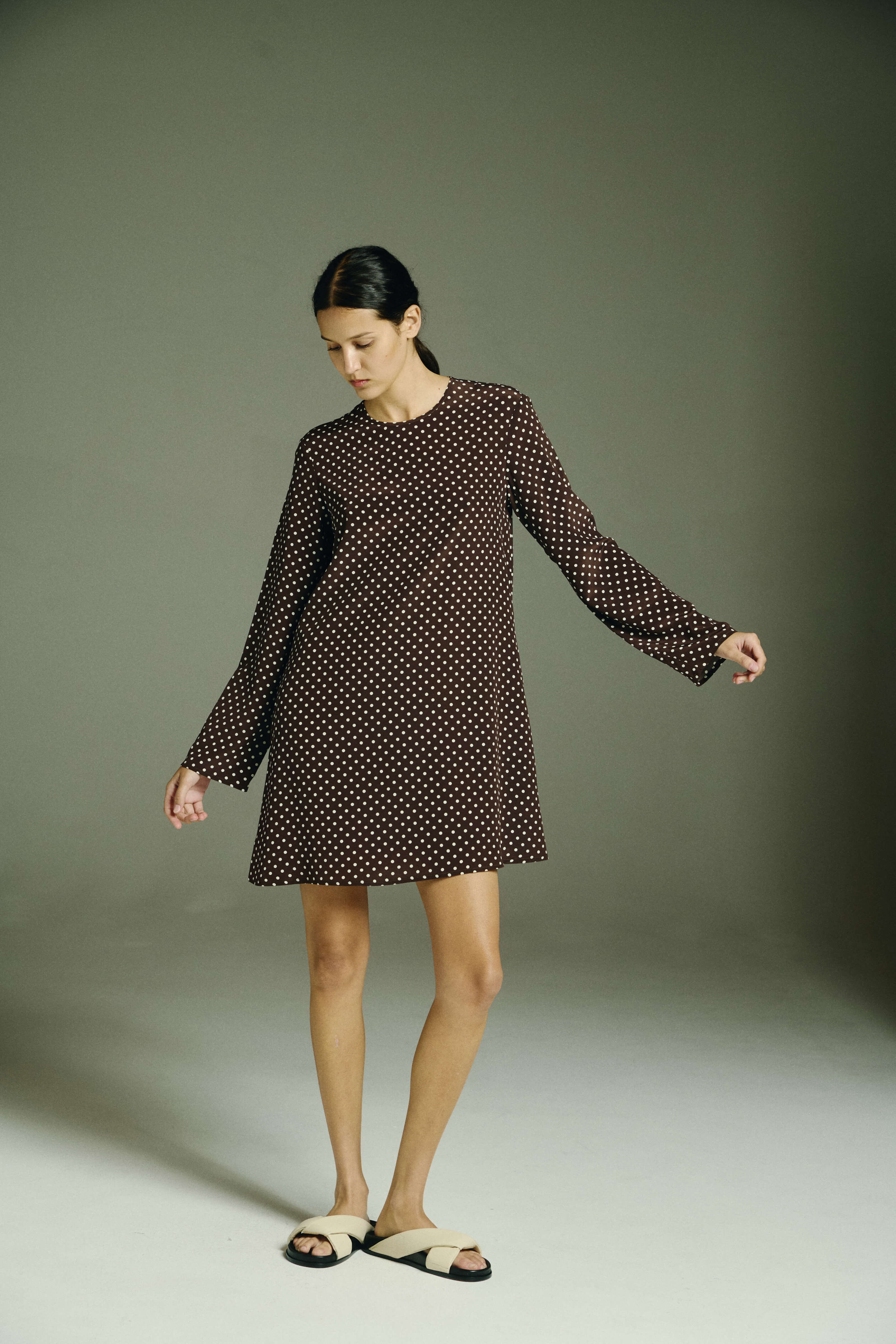 Larissa Dress Umber Brown Dot Silk Crepe