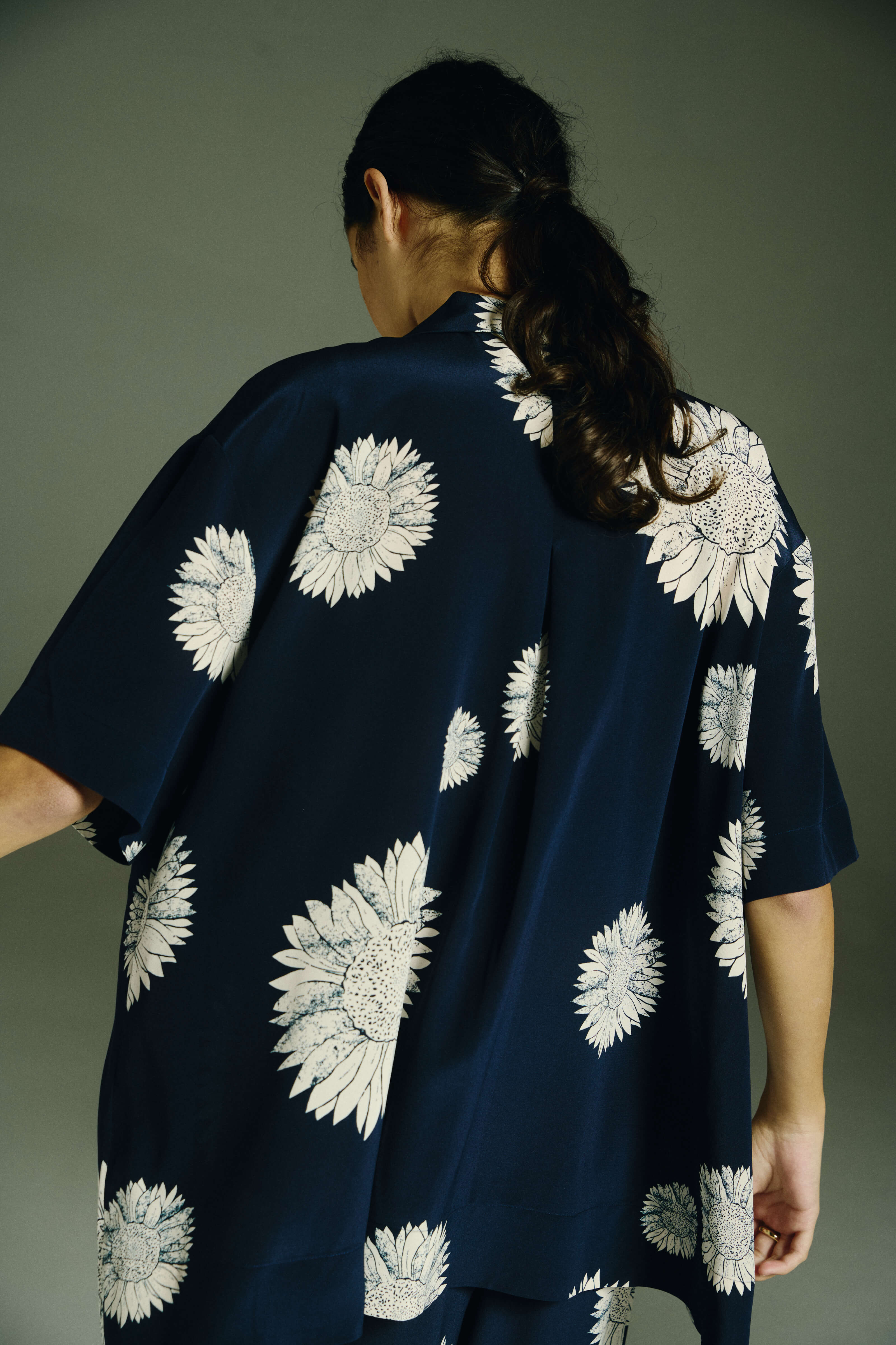 Montauk Shirt Navy Sunflower Silk Crepe