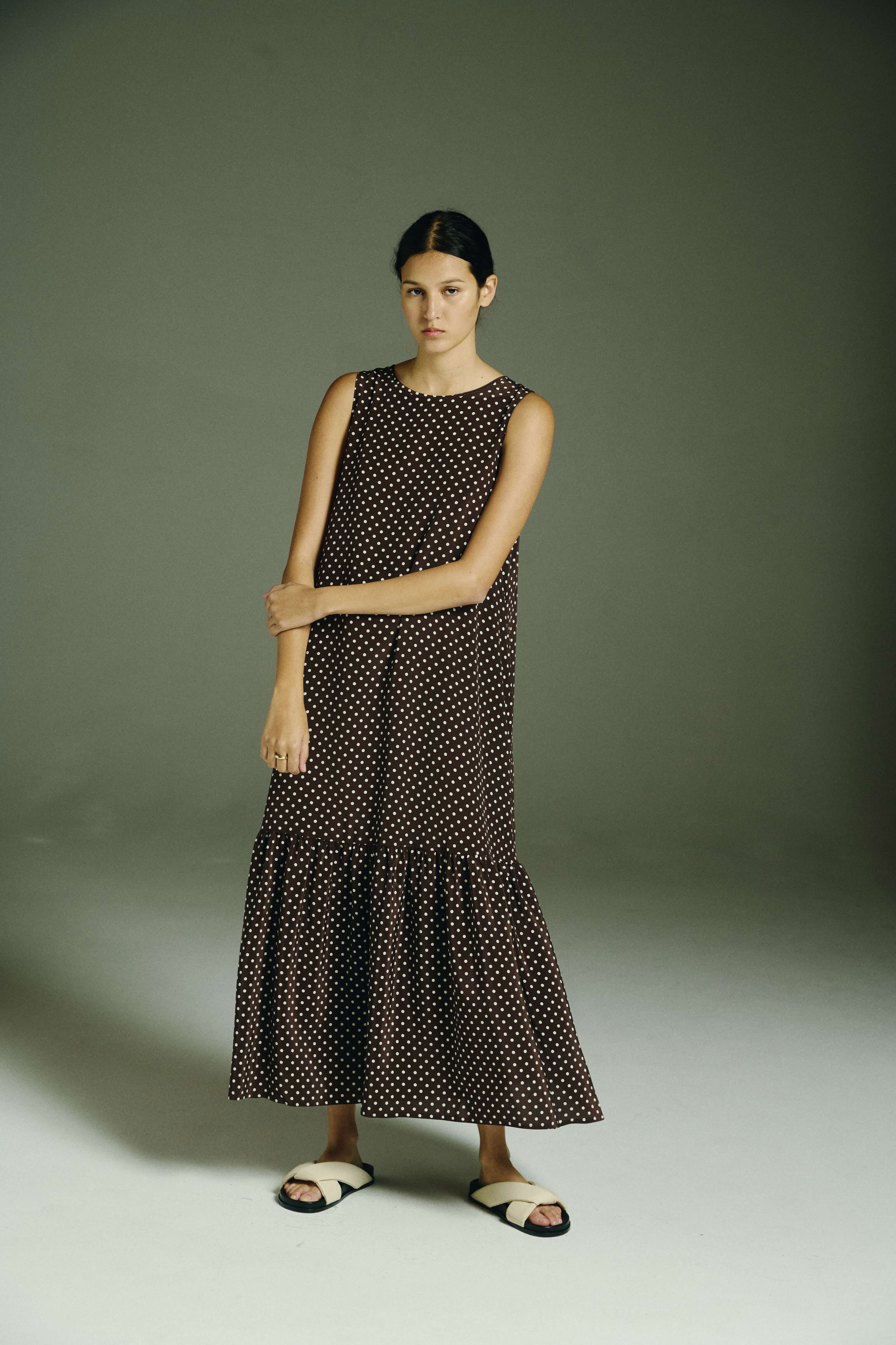 Rhea Dress Umber Brown Dot Silk Crepe