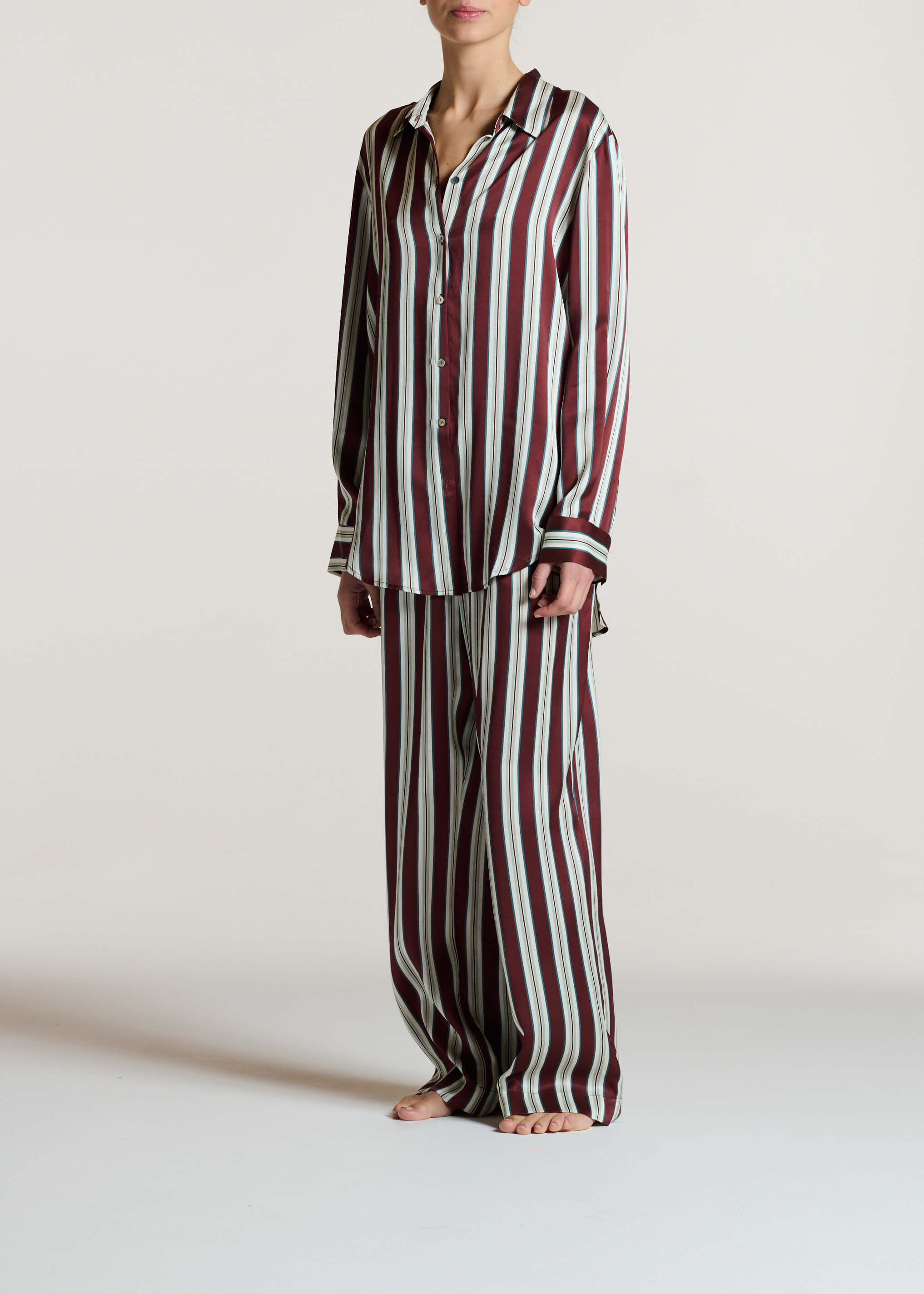 London Shirt Maroon Stripe Silk Charmeuse