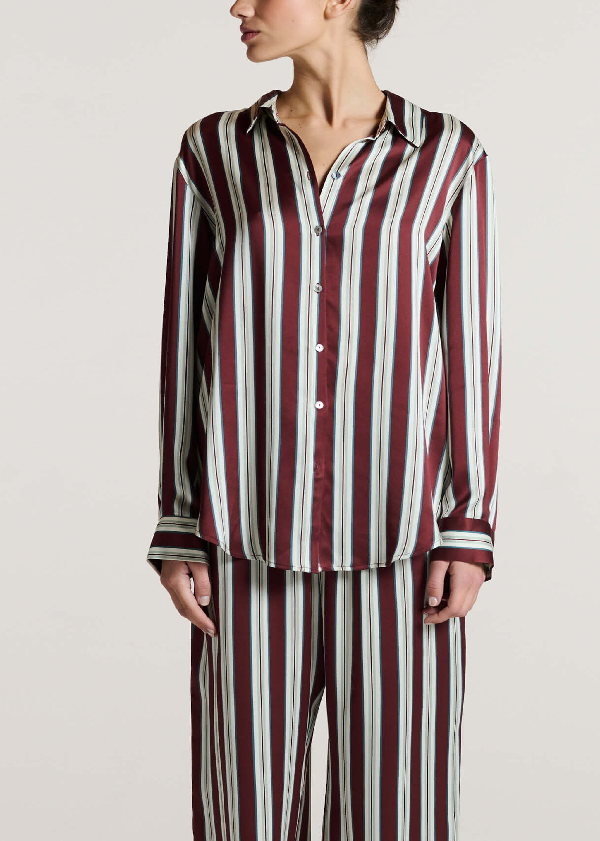 London Pyjama Shirt Maroon Stripe Silk Charmeuse