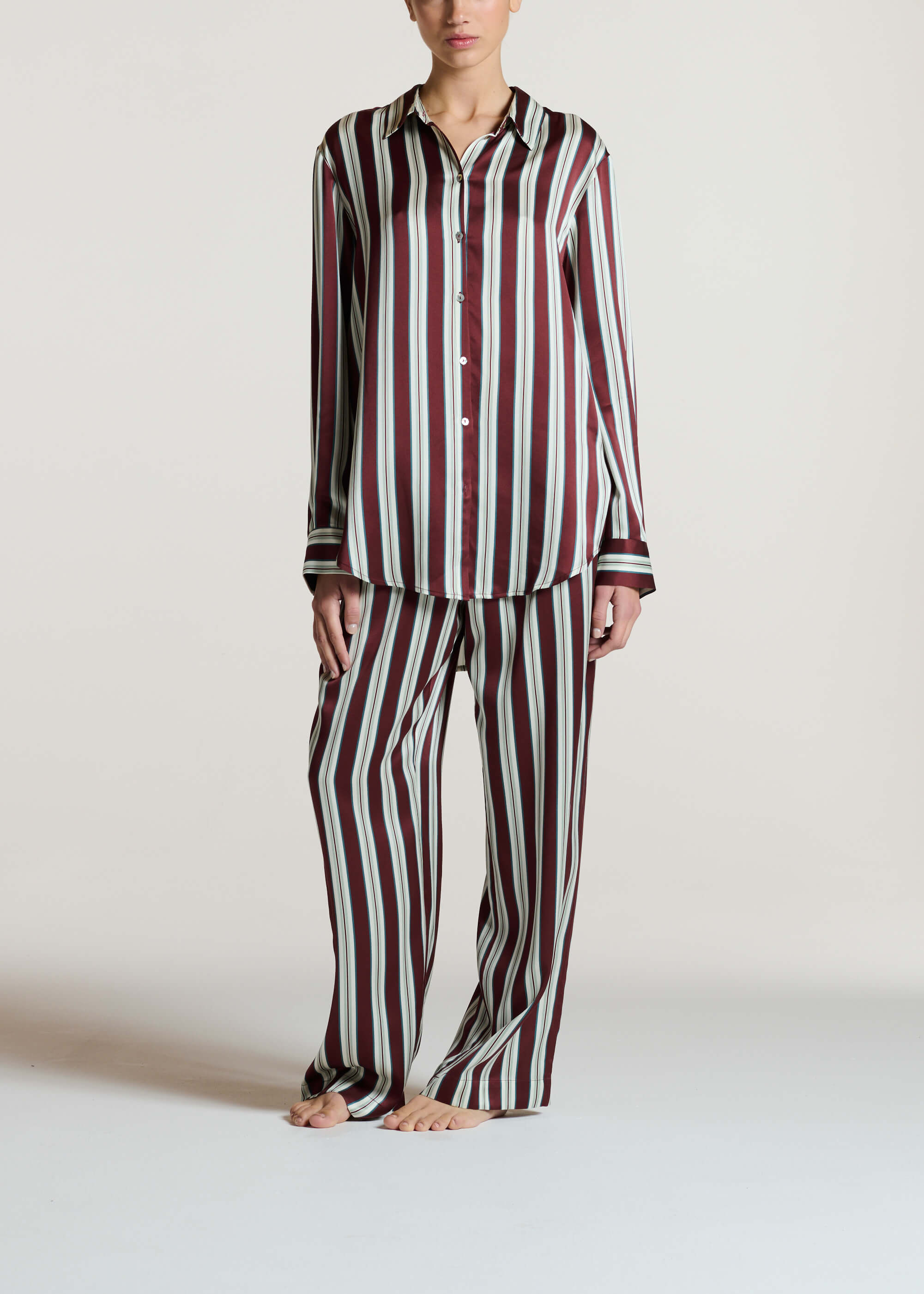 London Shirt Maroon Stripe Silk Charmeuse