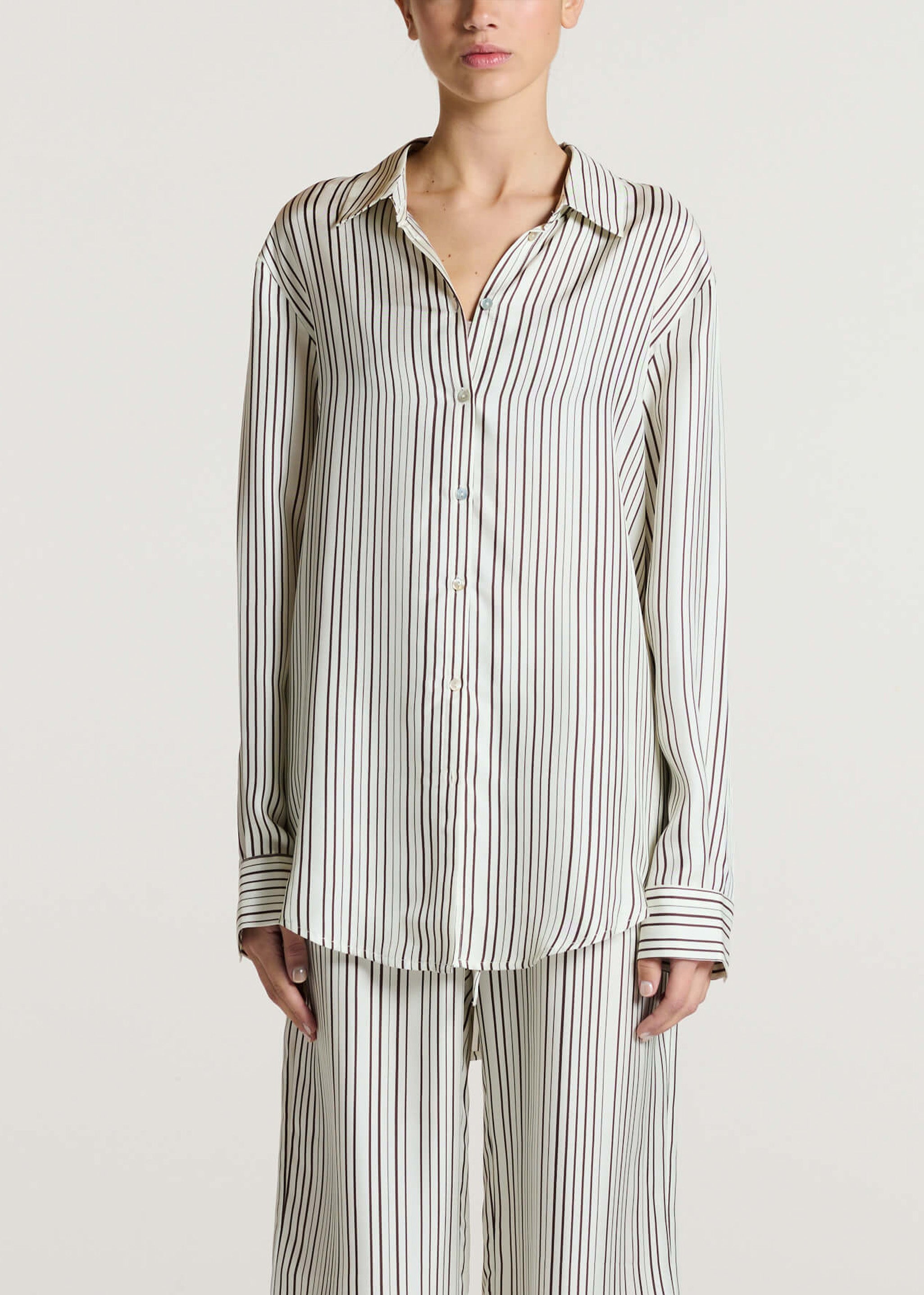 London Pyjama Shirt Umber Brown Fine Stripe Silk Twill