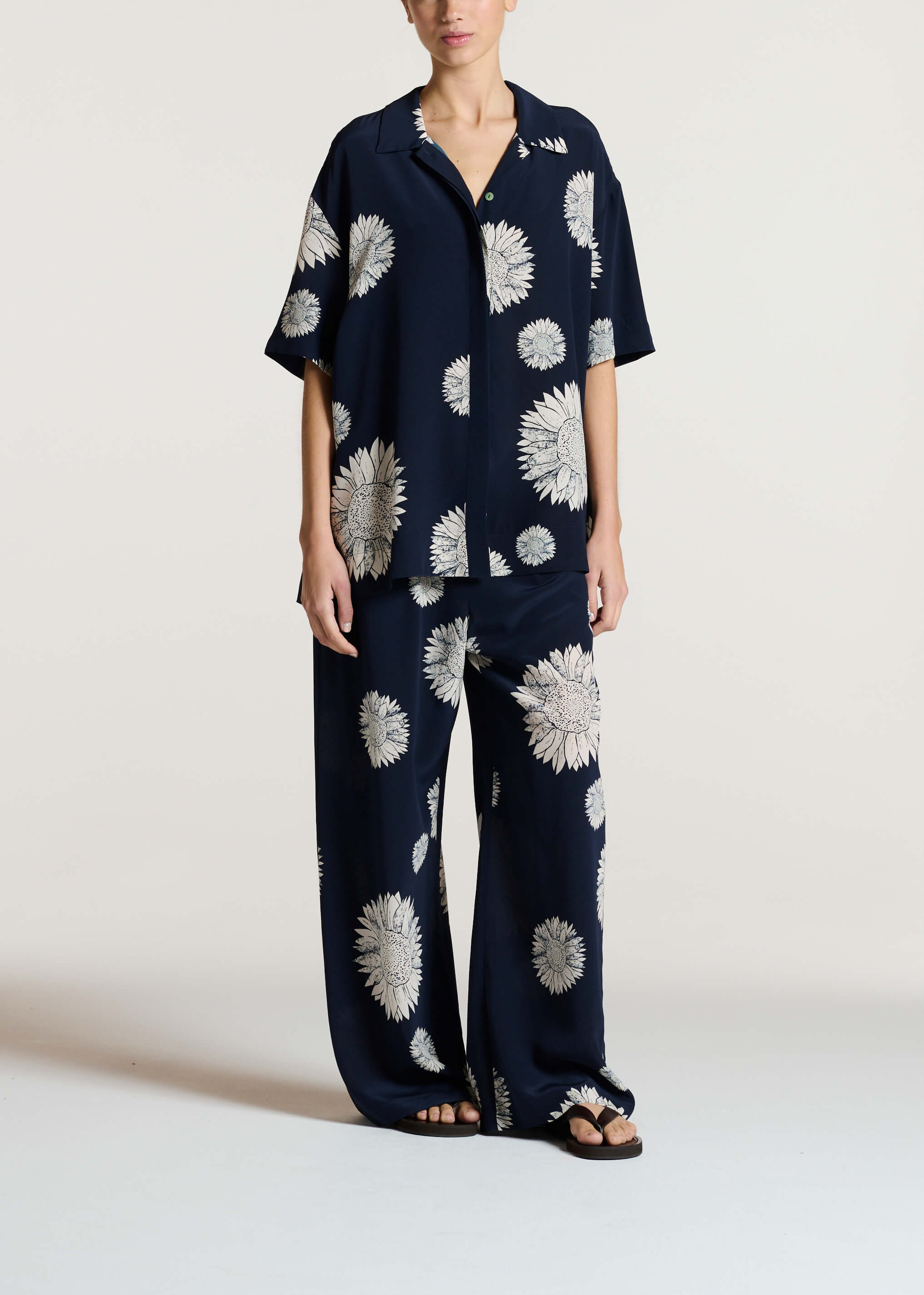 Montauk Shirt Navy Sunflower Silk Crepe