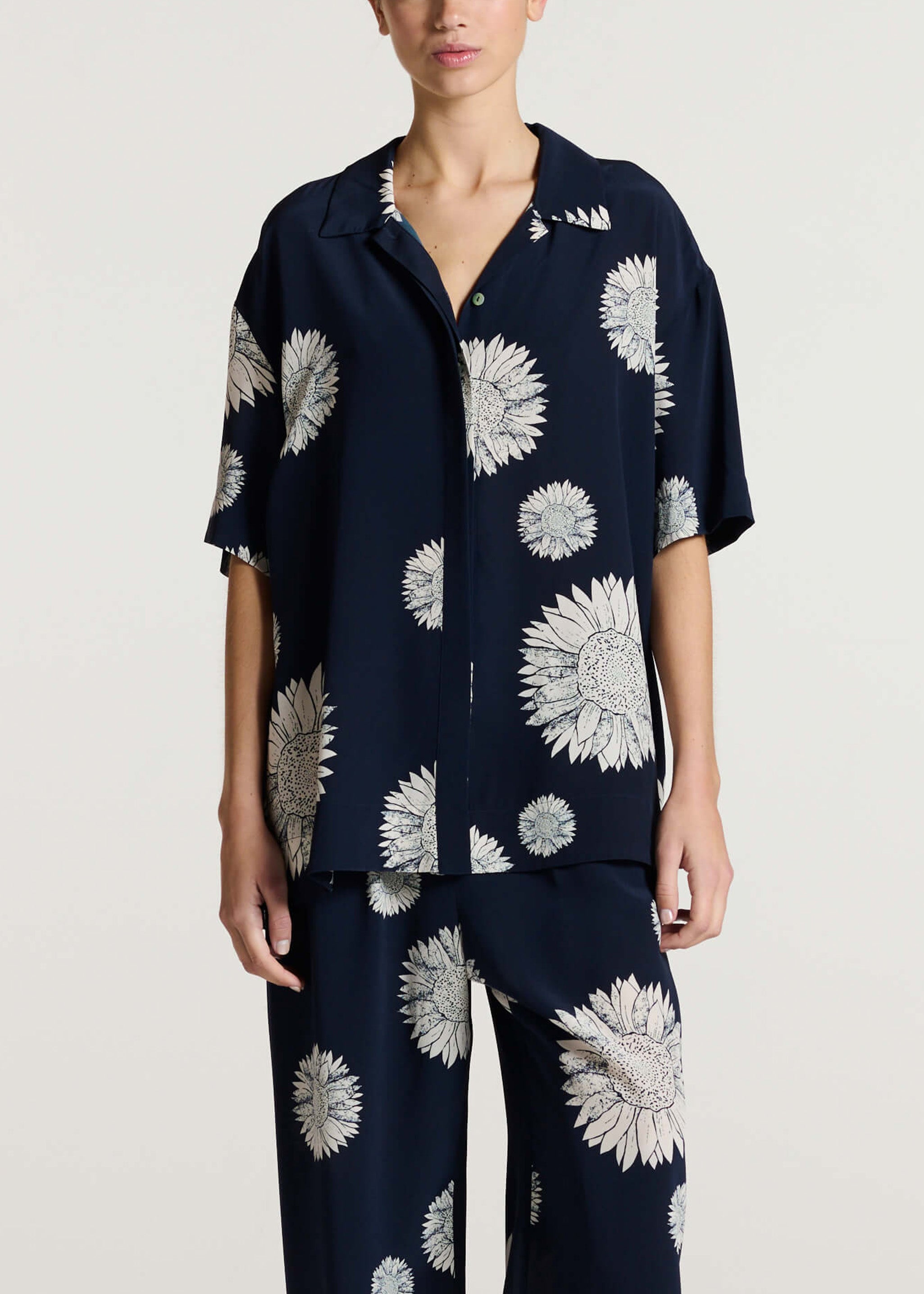 Montauk Shirt Navy Sunflower Silk Crepe