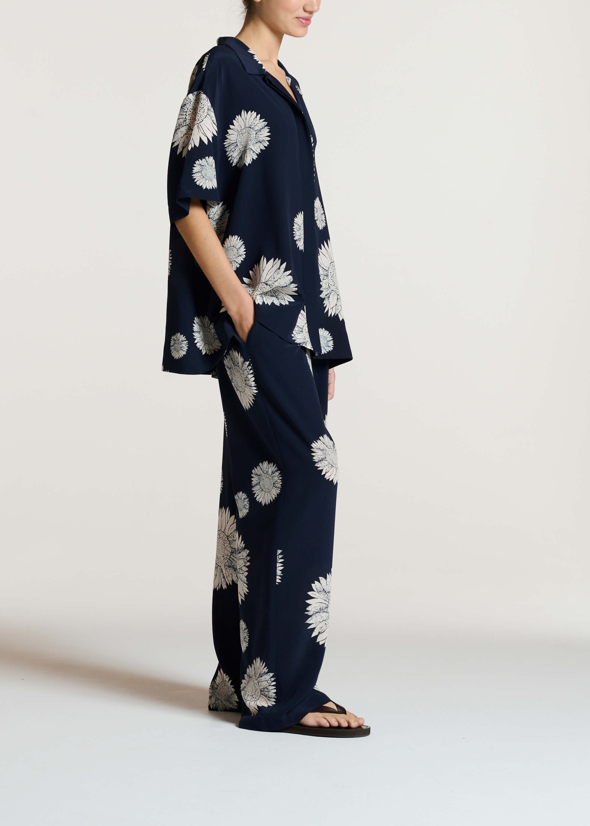 Isola Trouser Navy Sunflower Silk Crepe